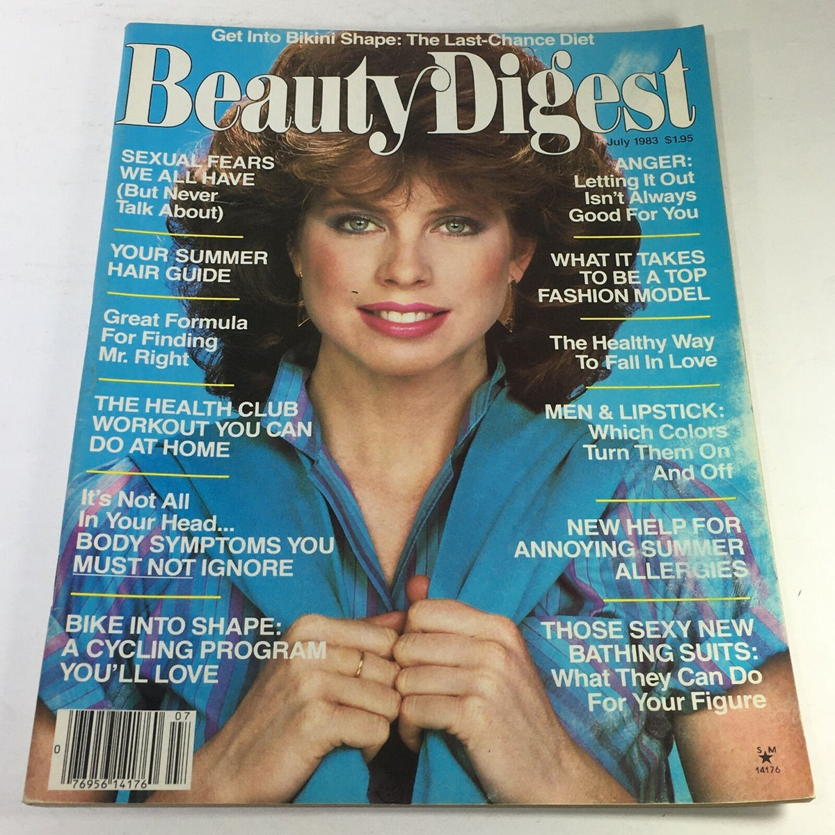 Cover of VTG Beauty Digest Magazine: July 1983 featuring a woman with styled hair and bold makeup. The magazine includes articles on beauty trends, self-care, and lifestyle tips from the 1980s.