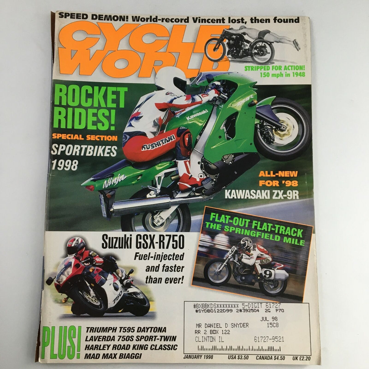 Cycle World Magazine January 1998 cover featuring the Kawasaki ZX-9R sportsbike, showcasing motorcycle culture and technology from the late 90s.