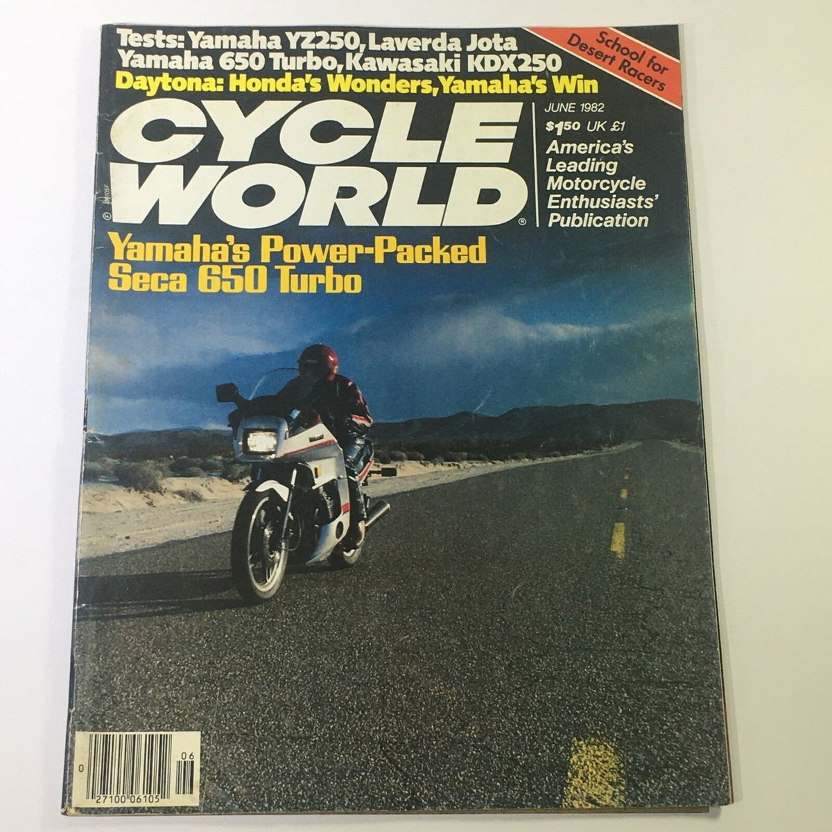 Cover of VTG Cycle World Magazine June 1982 featuring Yamaha YZ250, Laverda Jota, and Yamaha 650, showcasing a rider on a motorcycle on a scenic road.