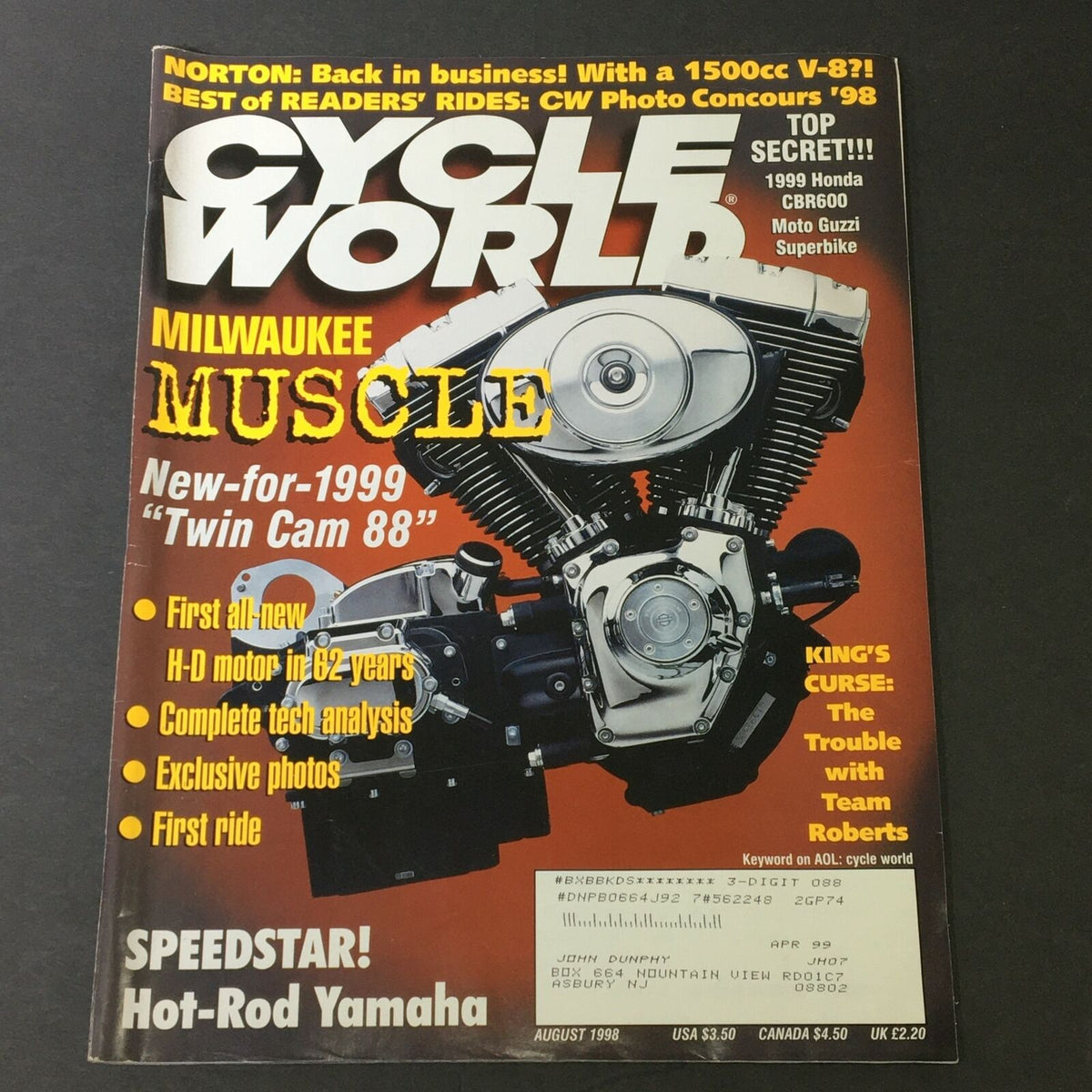 Cycle World Magazine August 1998 featuring the 1999 Honda CBR600 and Moto Guzzi Superbike on the cover, showcasing motorcycle innovations and collector's details.