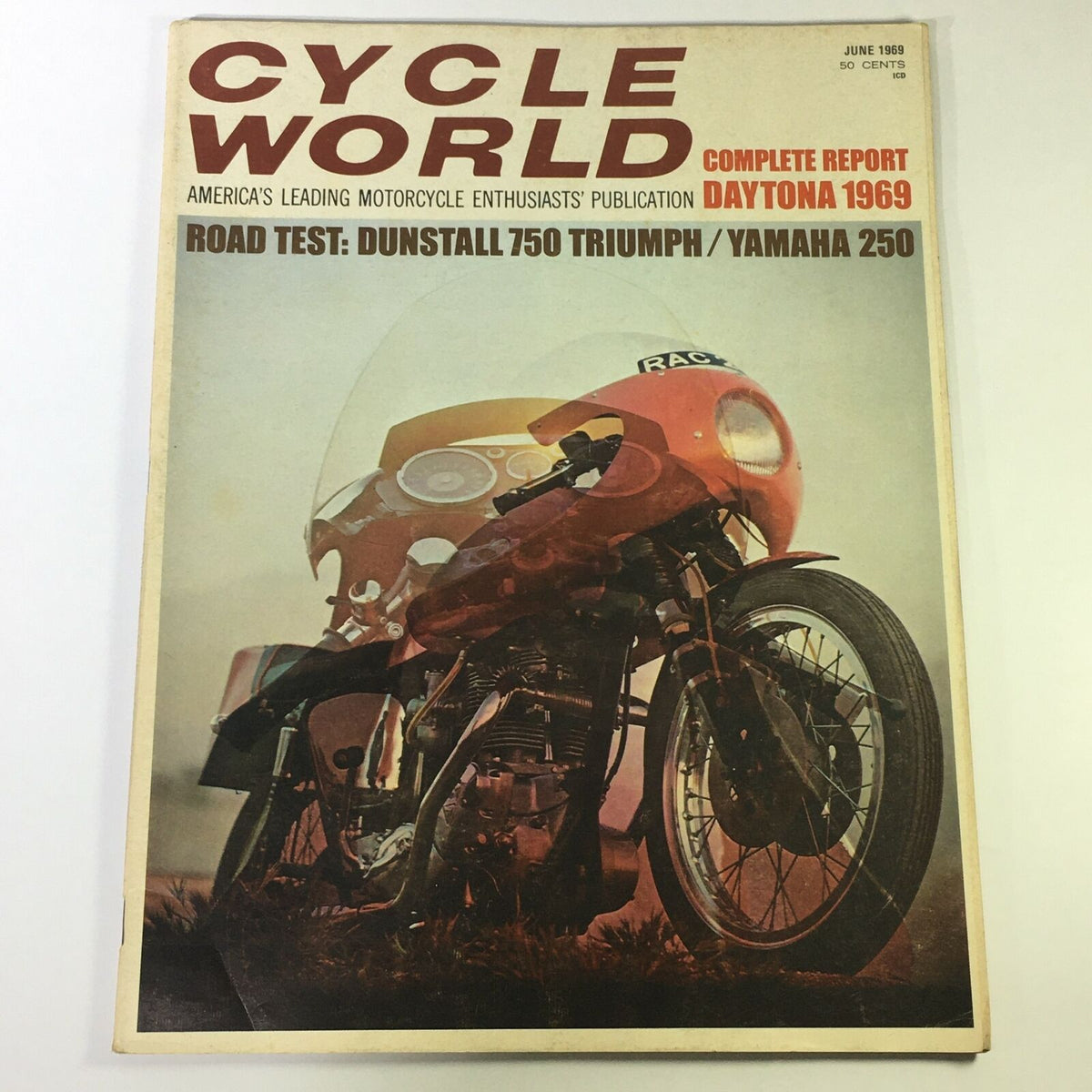 VTG Cycle World Magazine June 1969 featuring a road test of Dunstall 750 Triumph and Yamaha 250, showcasing vintage motorcycle culture.