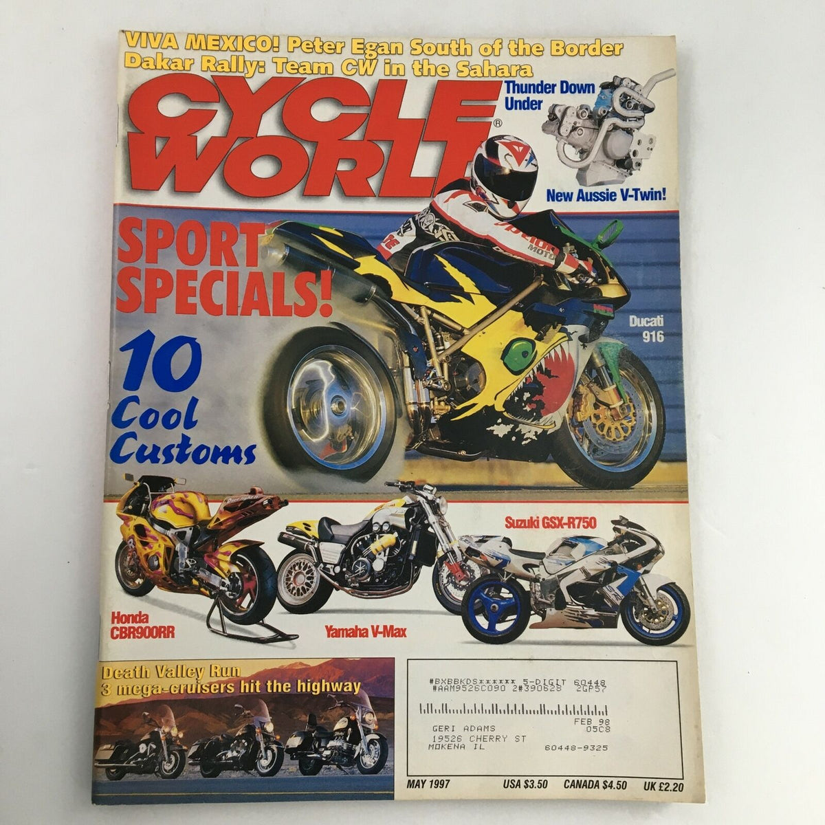 Cycle World Magazine May 1997 featuring Honda CBR900RR, Yamaha V-Max, and Ducati 916 on the cover, highlighting motorcycle sport specials and custom bike insights.