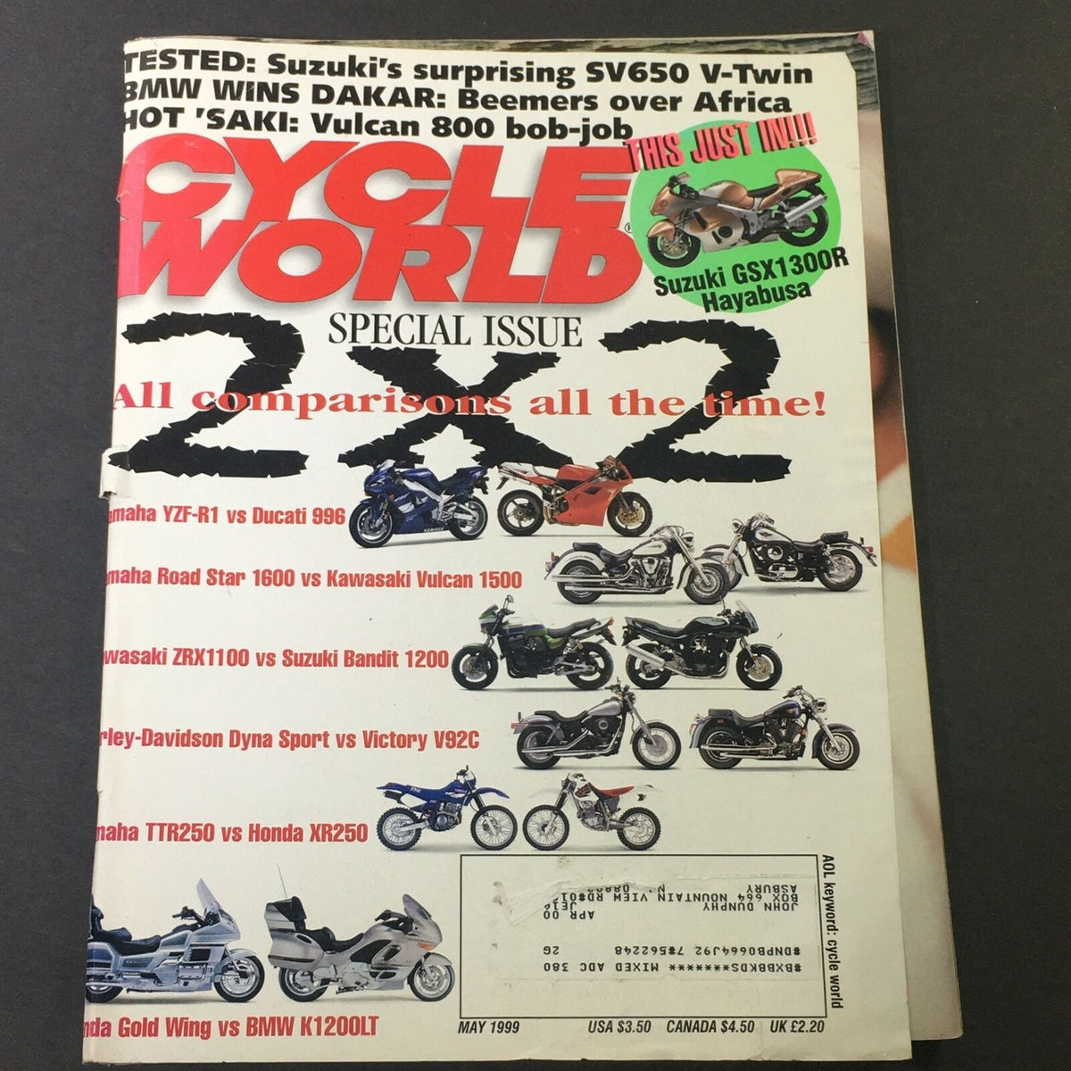 Cycle World Magazine May 1999 cover featuring a special issue on motorcycle comparisons including Yamaha YZF-R1 vs Ducati 996.