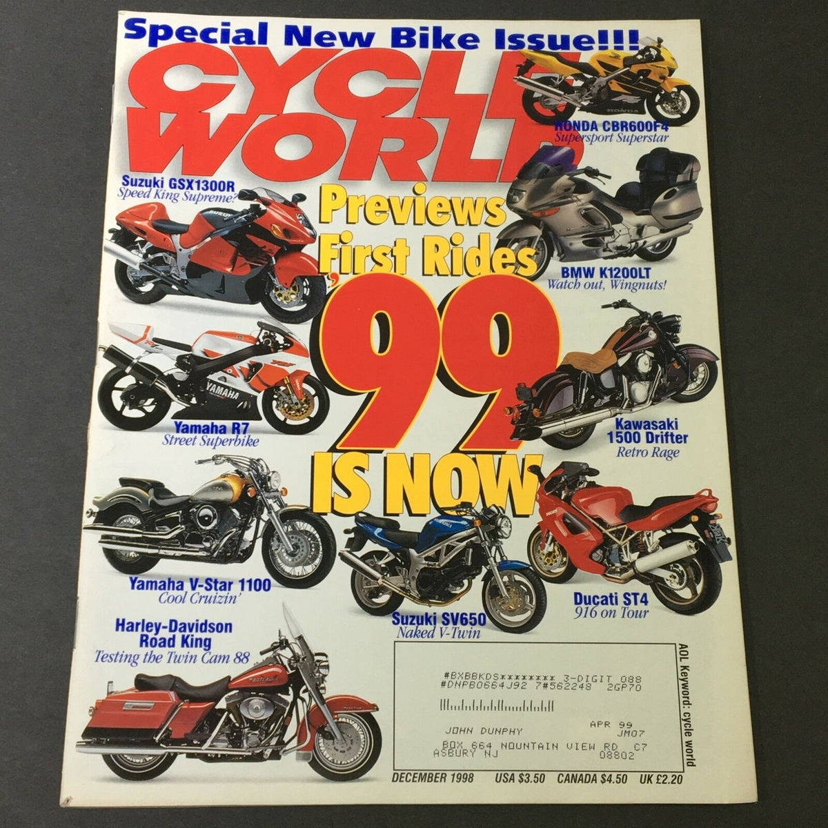 Cycle World Magazine December 1998 featuring Suzuki GSX1300R, Honda CBR600F4, and other motorcycle models including Yamaha R7 and Harley-Davidson Road King.