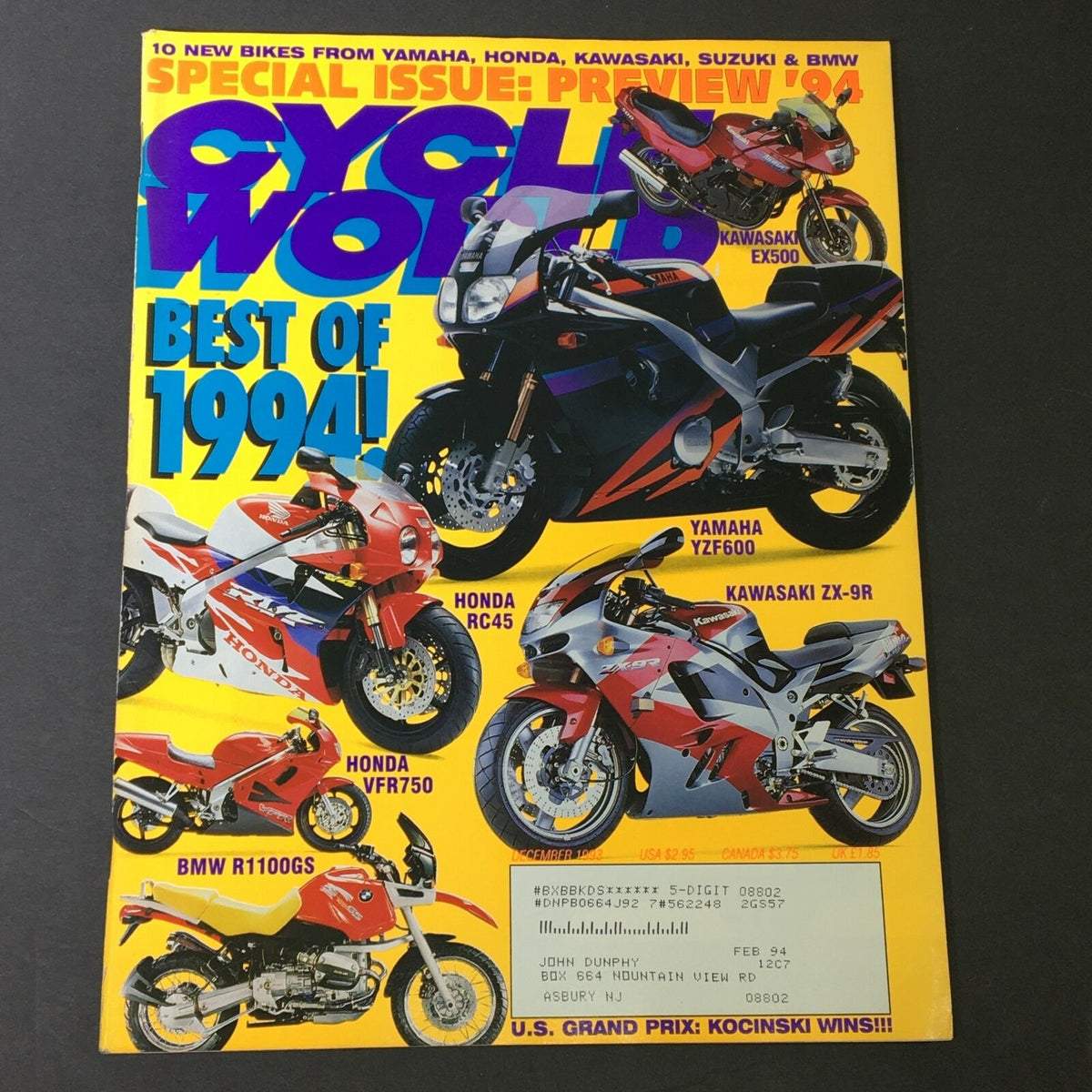 Cycle World Magazine December 1993 cover featuring the Yamaha YZF600, Honda RC45, Kawasaki ZX-9R, and more, highlighting vintage motorcycle models and advancements in motorbike engineering from the early 90s.