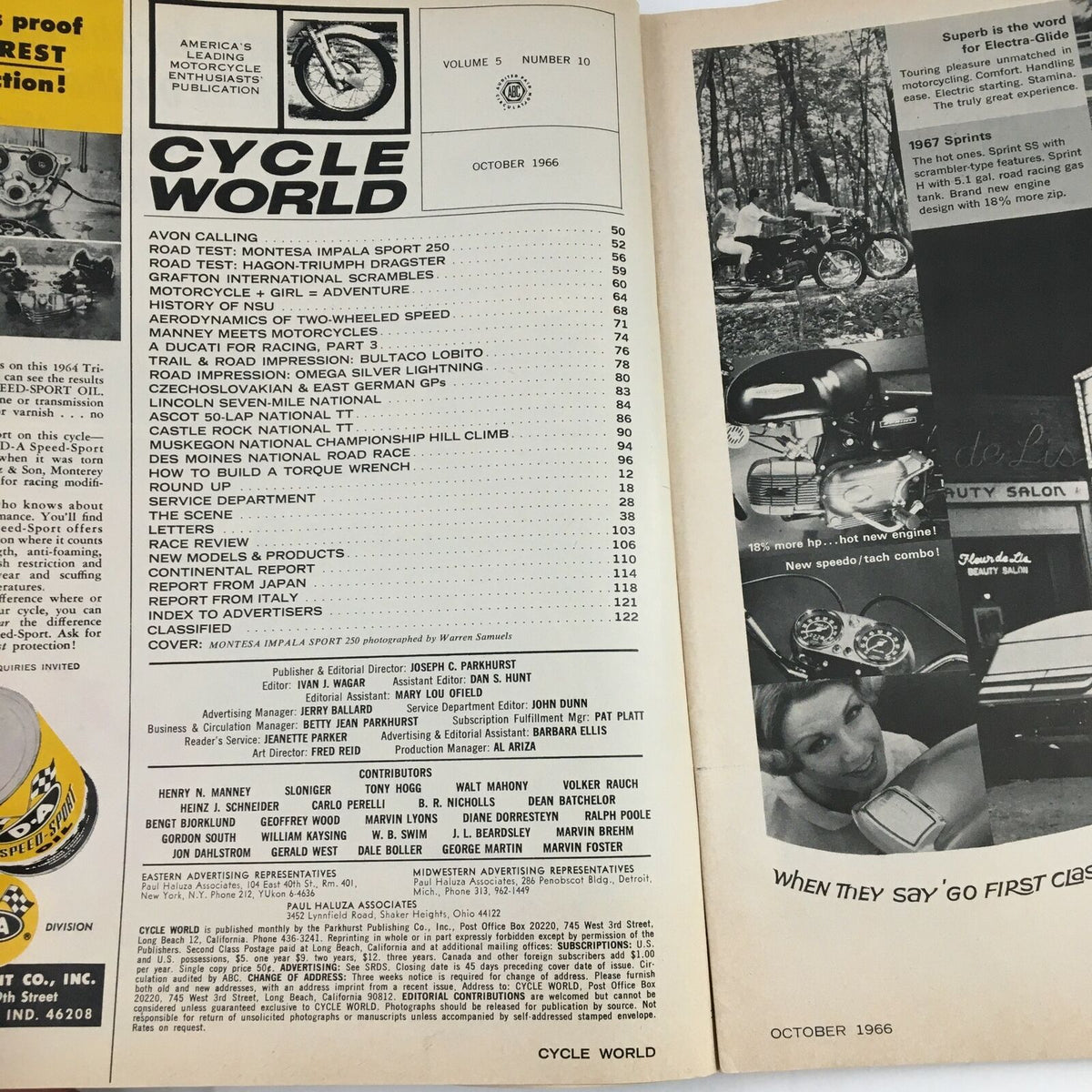 Cycle World Magazine October 1966 interior page showing the table of contents and articles related to Montesa Impala Sport 250 and other motorcycle features.