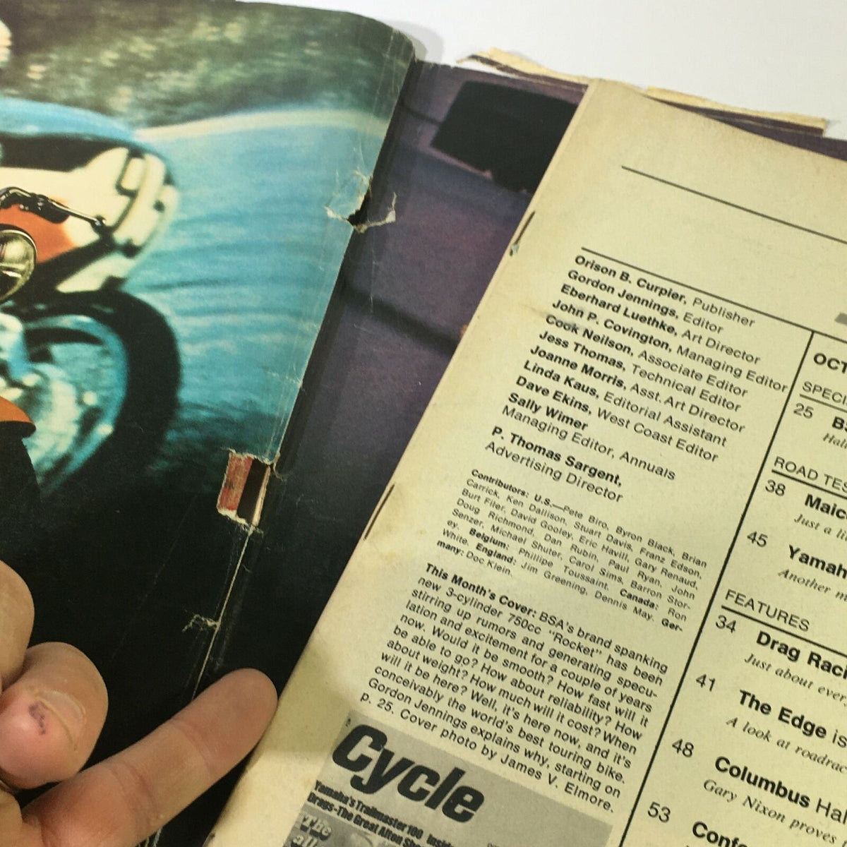 Inside page of VTG Cycle Magazine October 1968 featuring content details and editorial credits, showcasing the 750cc BSA-3 and Yamaha Trailmaster 100 model reviews.