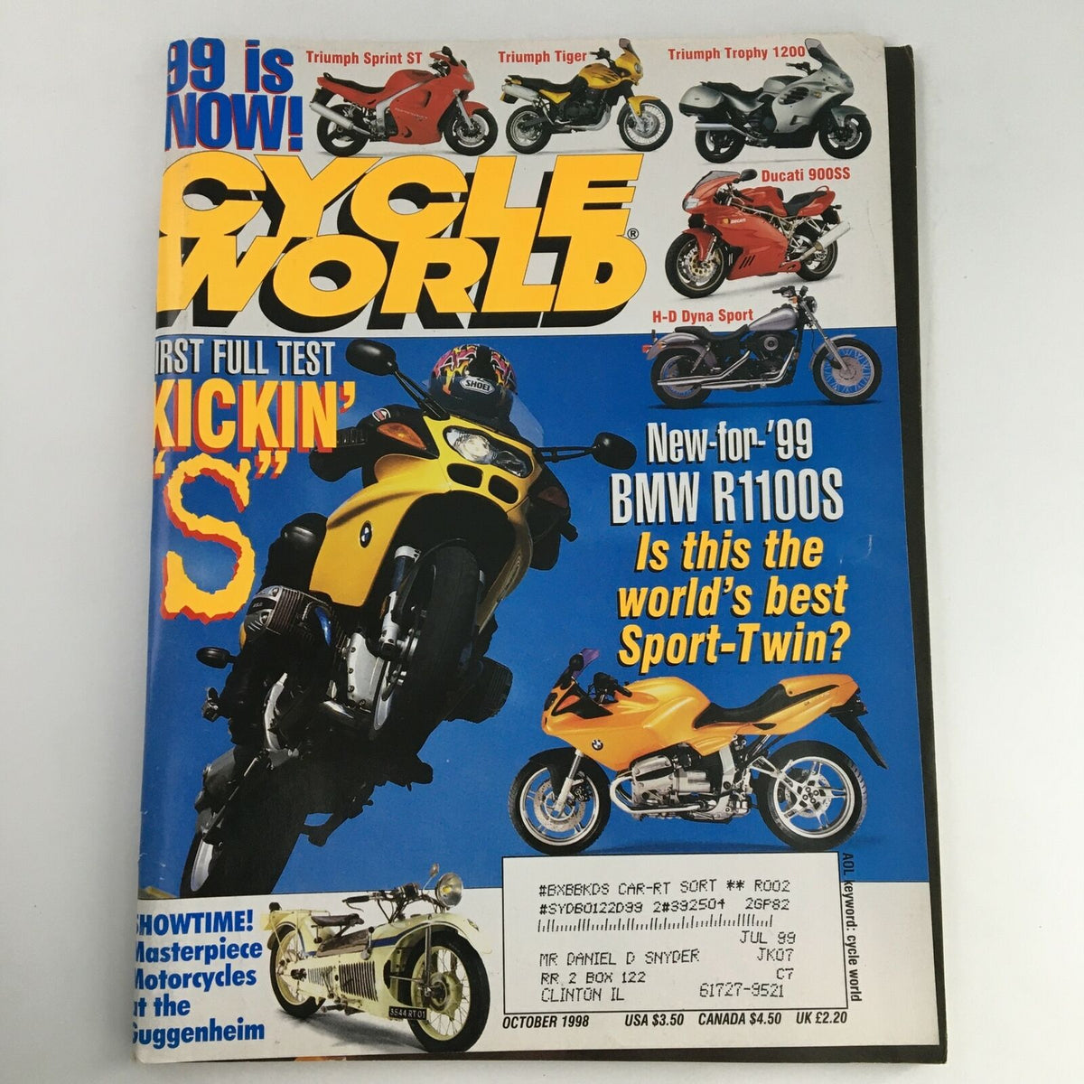Cycle World Magazine October 1998 featuring the BMW R1100S, H-D Dyna-Sport, and more iconic motorcycles on the cover. Vintage motorcycle magazine showcasing the latest models from the late 90s.