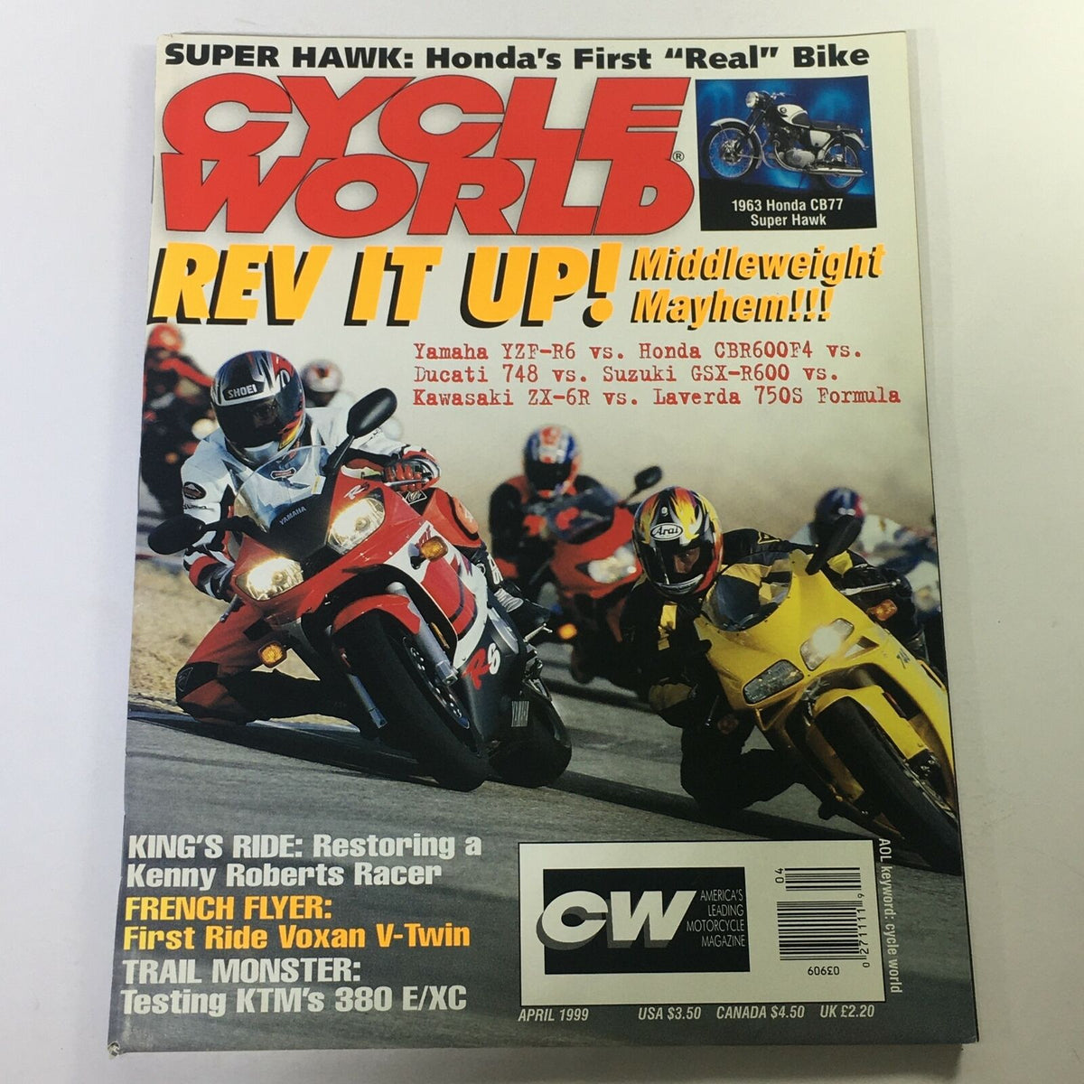 Cycle World Magazine April 1999 featuring the Voxan V-Twin motorcycle and testing of KTM 380 E/XC, showcasing motorcycle culture with vivid imagery and engaging articles.