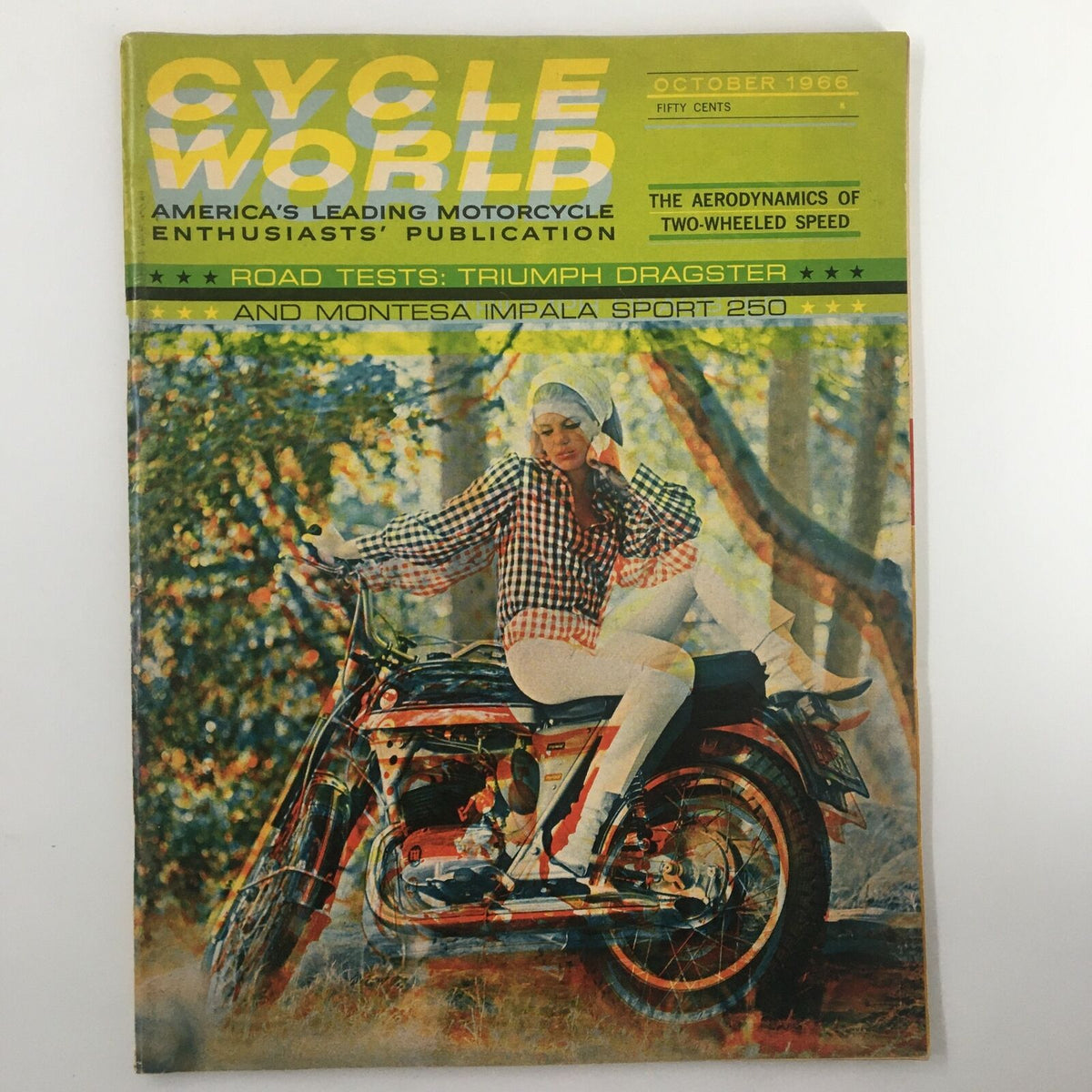 Cover of VTG Cycle World Magazine from October 1966 featuring an image of a woman in checkered attire sitting on a Triumph Dragster motorcycle, with a background of greenery, highlighting motorcycle culture and vintage themes.