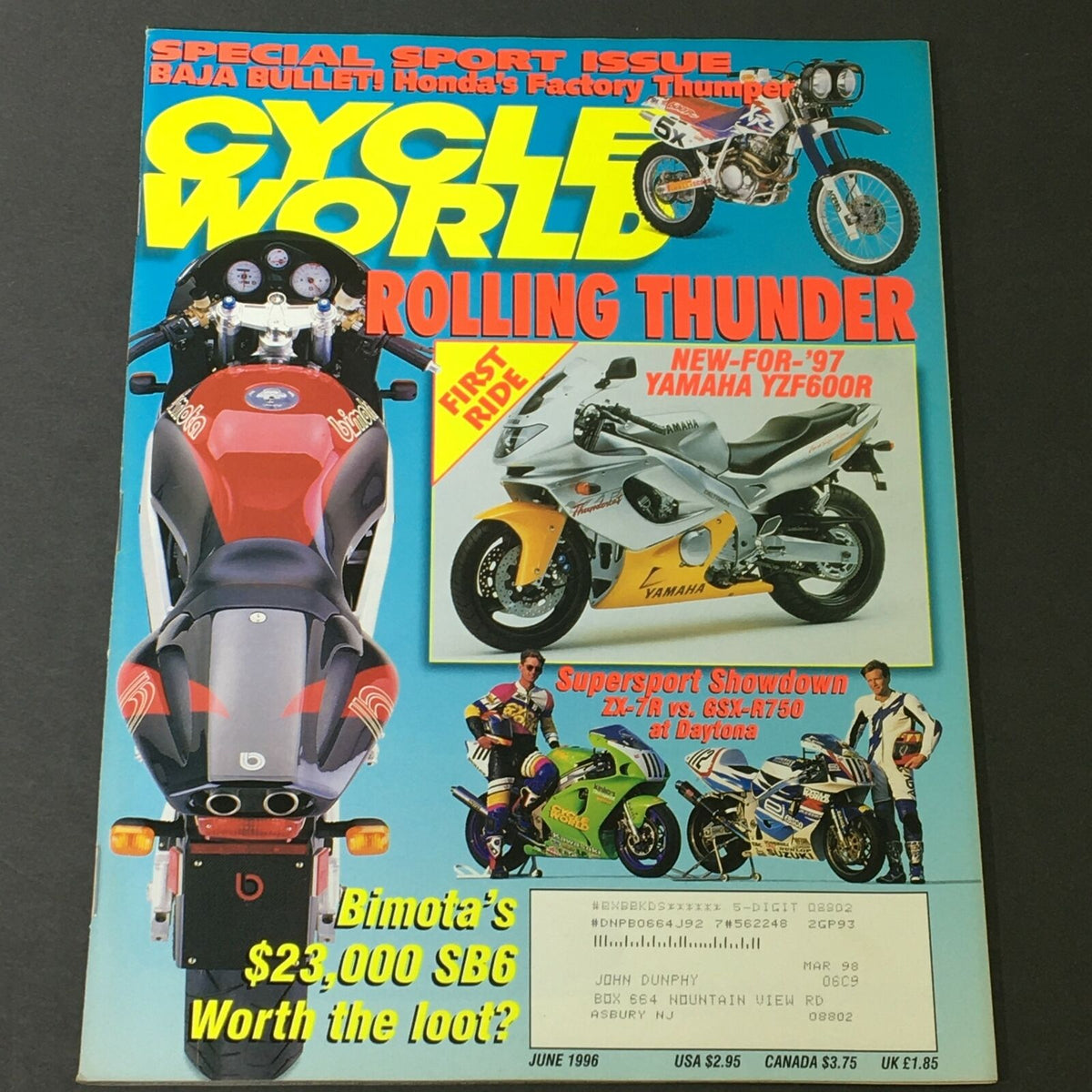 Cycle World Magazine June 1996 cover featuring motorcycle comparison of Yamaha YZF600R, ZX-7R, and GSX-R750 at Daytona, showcasing vibrant colors and motorcycle culture.