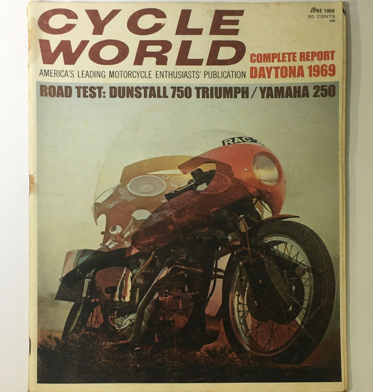 Cover of VTG Cycle World Magazine from June 1969 featuring a Dunstall 750 Triumph and Yamaha 250 road test, showcasing motorcycle culture and vintage motorcycle design.