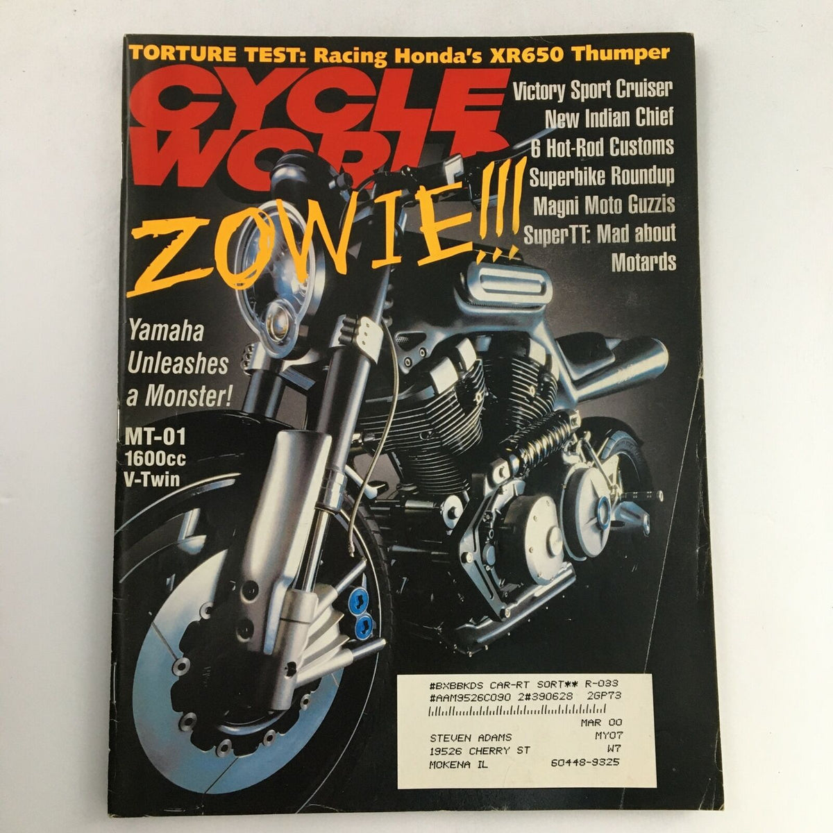 Cycle World Magazine January 2000 cover featuring Yamaha MT-01 1600CC V-Twin and Honda XR650, showcasing a motorcycle on the front with bold text.