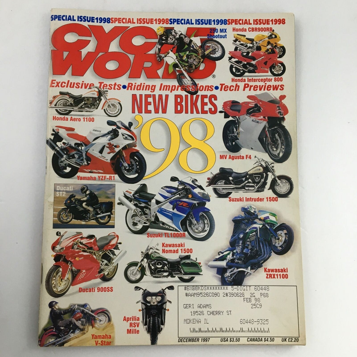 Cycle World Magazine December 1997 - The New Bikes Special Issue of Year 1998 featuring various motorcycle models like Honda, Ducati, Yamaha and more.