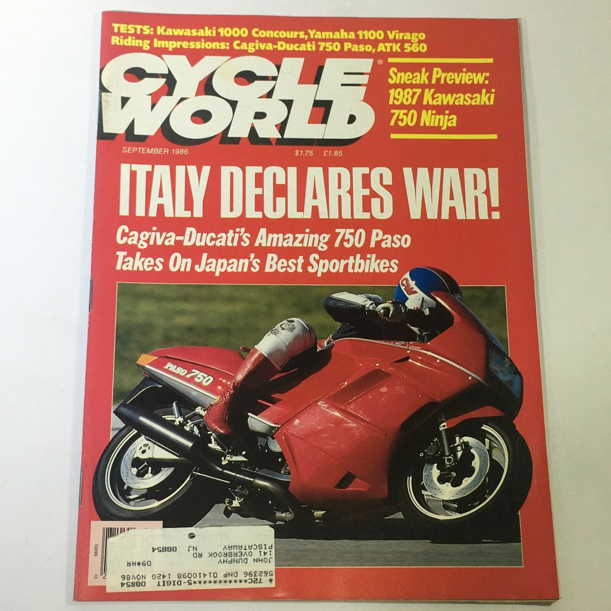 Cover of VTG Cycle World Magazine September 1986 featuring the Kawasaki 1000 and Yamaha 1100 Virago with a colorful layout; includes headlines about motorcycle tests and the Cagiva-Ducati 750 Paso.