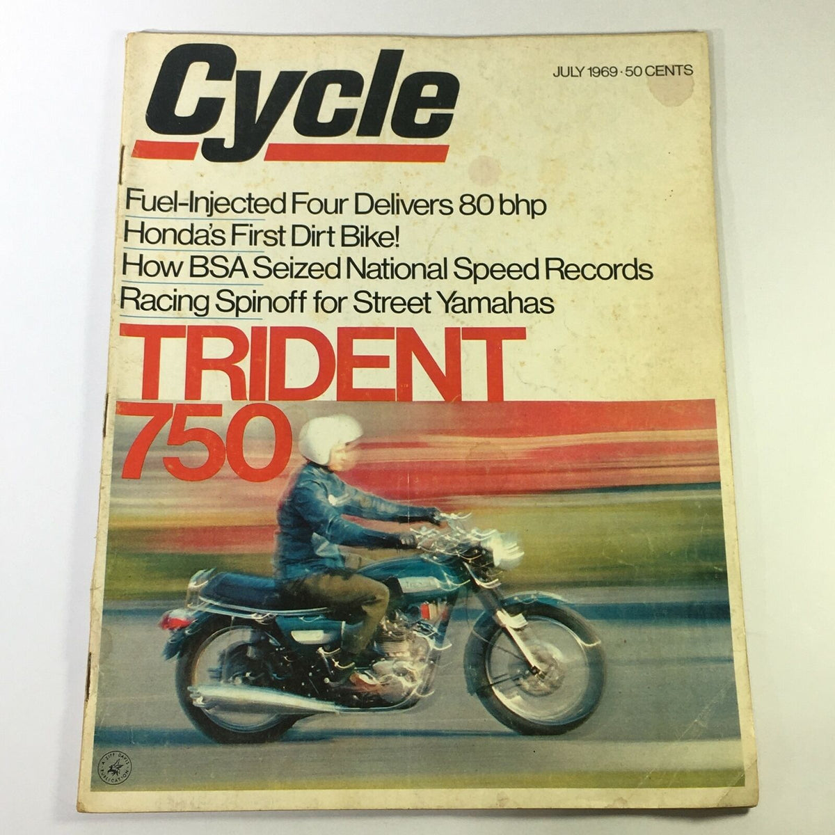 Cover of VTG Cycle Magazine July 1969 featuring the Trident 750 and articles on racing spinoff for street Yamahas.
