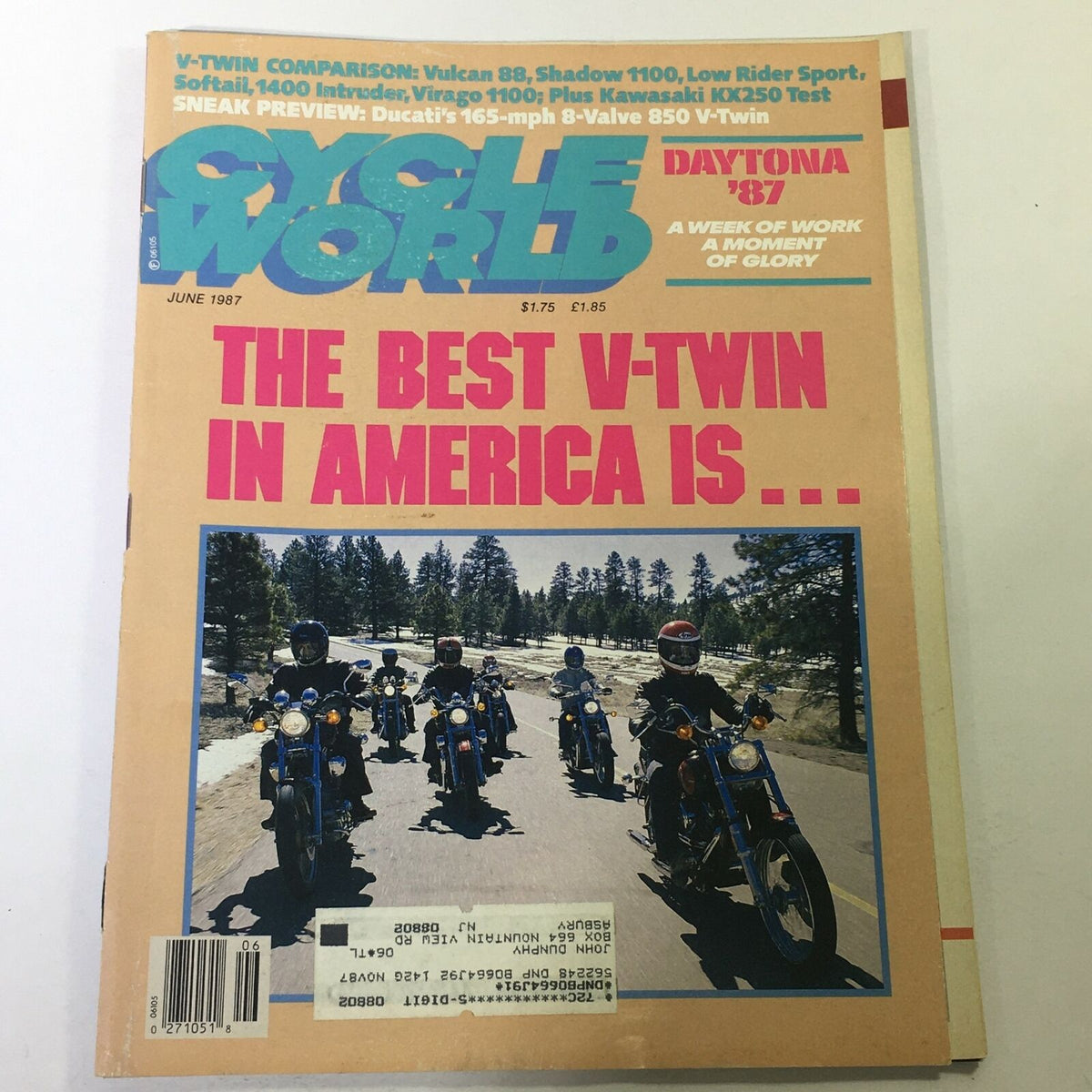 Cover of VTG Cycle World Magazine June 1987 featuring a comparison of the Vukan 88 and Shadow 1100 motorcycles, with imagery of riders on V-twin bikes and headlines discussing motorcycle advancements.