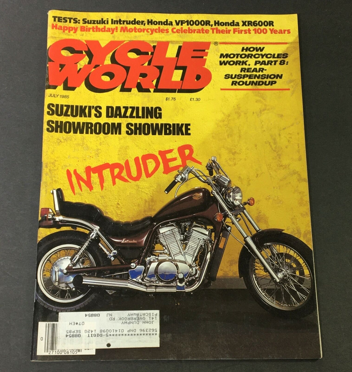 Cycle World Magazine, July 1985 edition featuring the Suzuki Intruder motorcycle on the cover, highlighting its design and specifications.