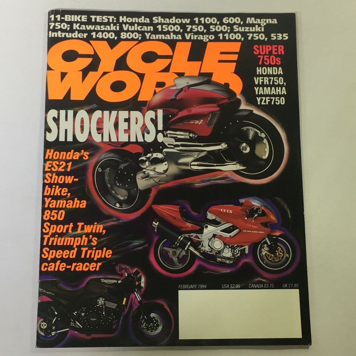 Cycle World Magazine February 1994 cover showcasing Honda Shadow 1100, 600, and Magna 750 bikes with the bold headline 'SHOCKERS!' featuring motorcycle model images and vibrant colors, making it a collectible item for motorcycle enthusiasts.