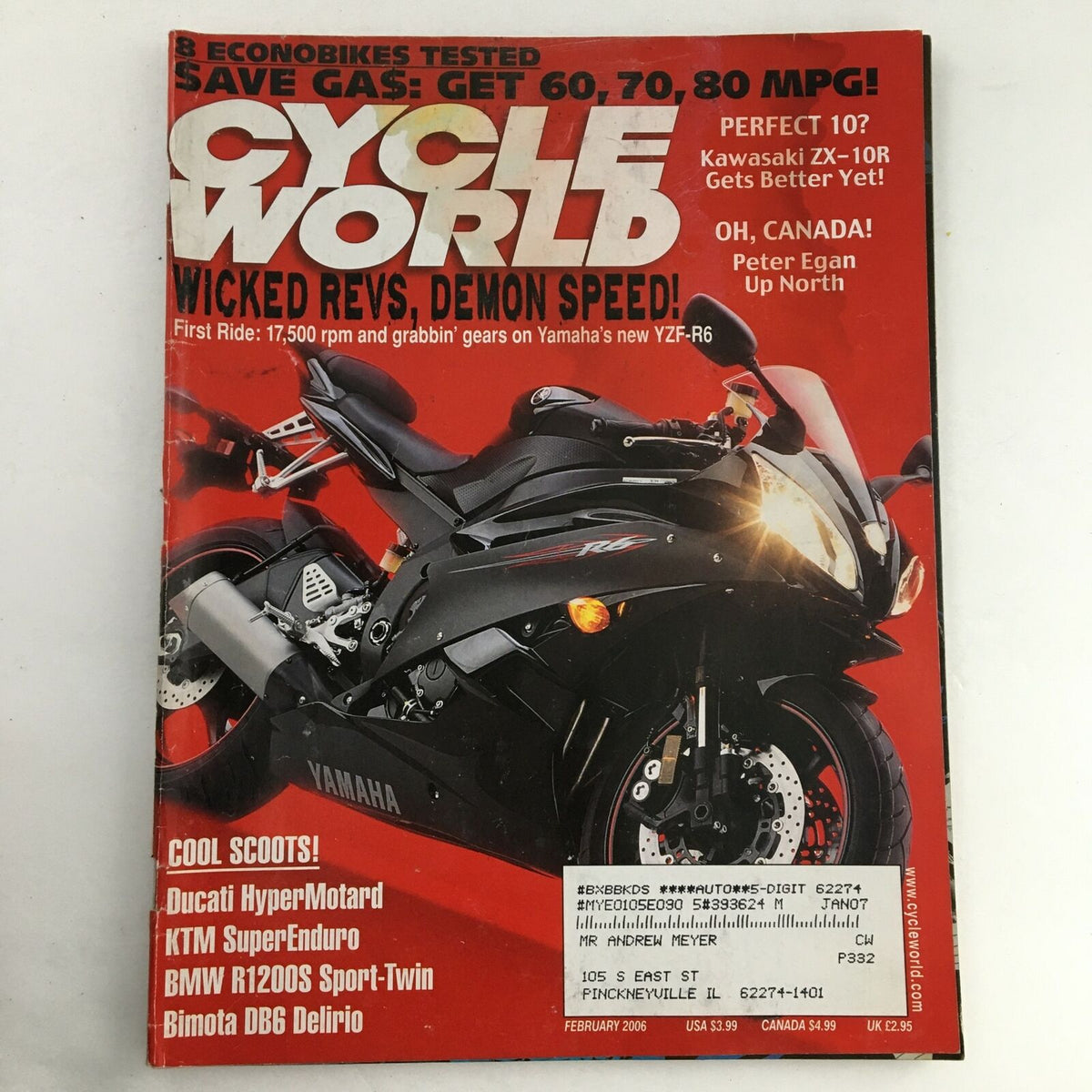 Cycle World Magazine February 2006 cover showcasing the Kawasaki ZX-10R sportbike, featuring articles on motorcycle performance and adventures by Peter Egan.