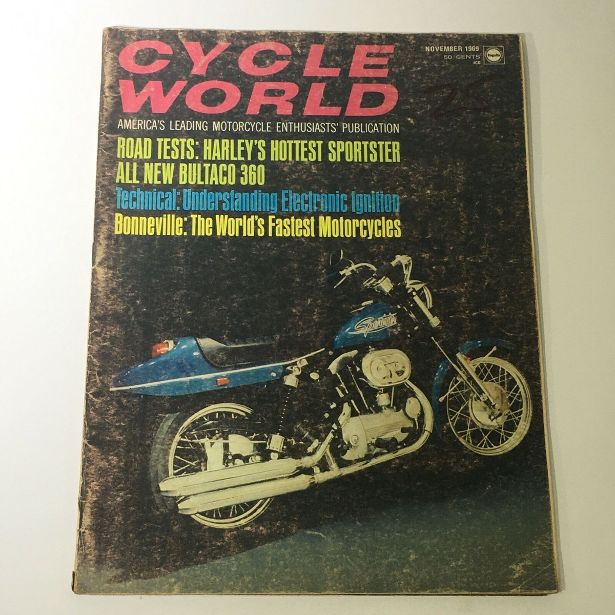 Cover of VTG Cycle World Magazine November 1969 featuring Harley-Davidson and Bultaco 360 road test, showcasing a classic motorcycle with bold titles.