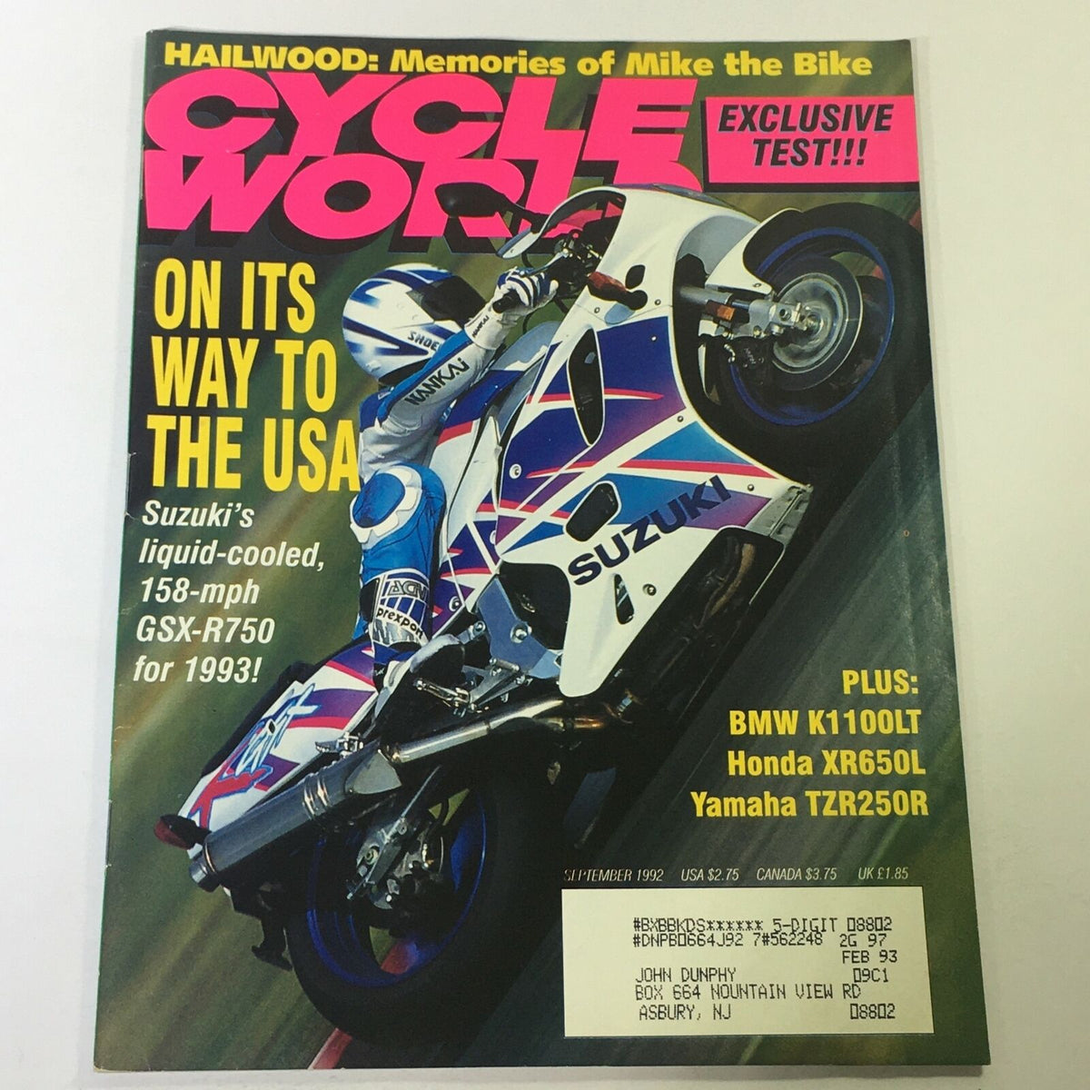 Cycle World Magazine September 1992 cover featuring a Suzuki motorcycle stunt and highlights on BMW K1100LT, Honda XR650L, and Yamaha TRZ250. The cover emphasizes 'Exclusive Test!!!' and showcases vibrant graphics capturing the essence of 90s motorcycle culture.
