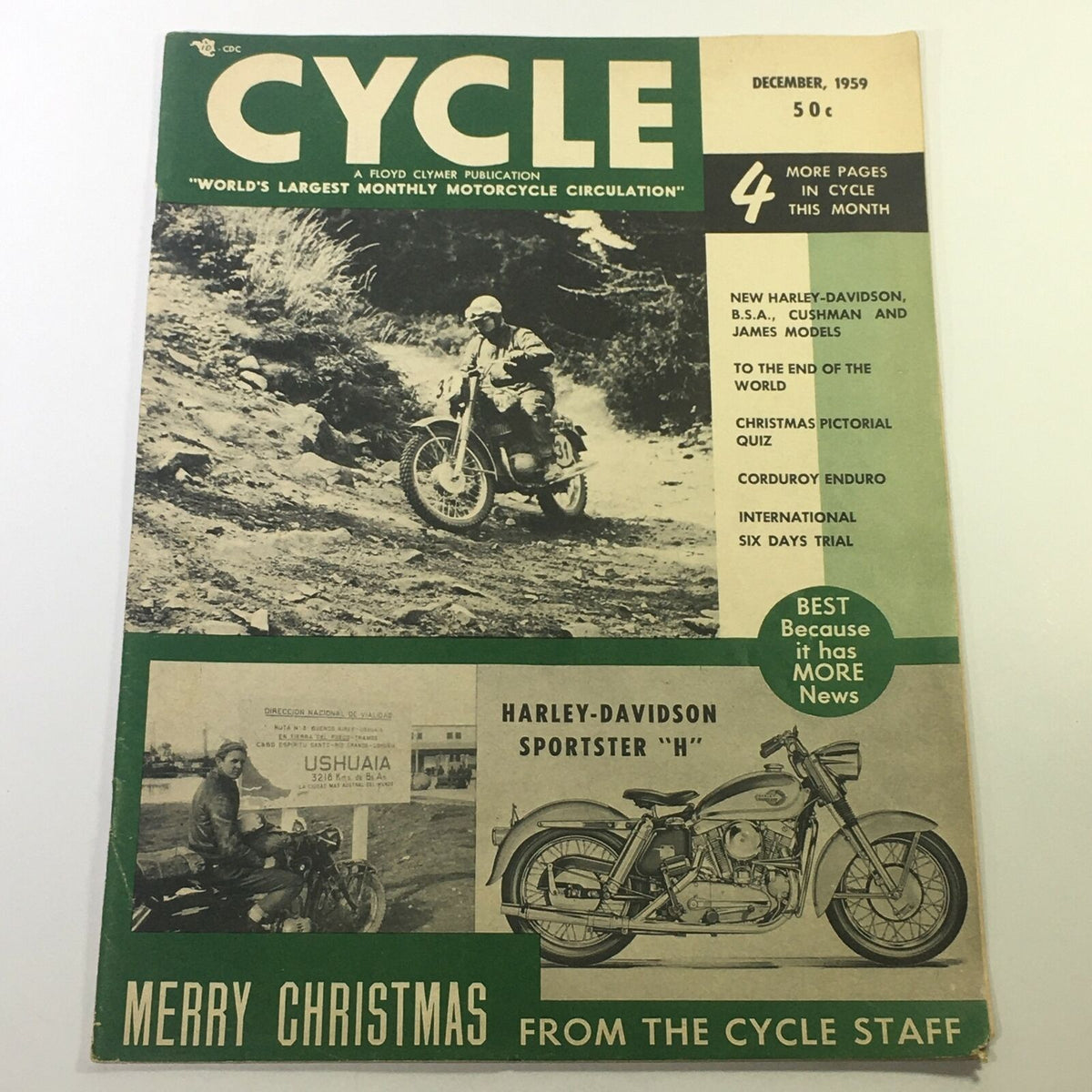 Cover of VTG Cycle Magazine December 1959 featuring new Harley-Davidson, Cushman, and James models, showcasing a motorcyclist on rugged terrain and a Harley-Davidson Sportster H.