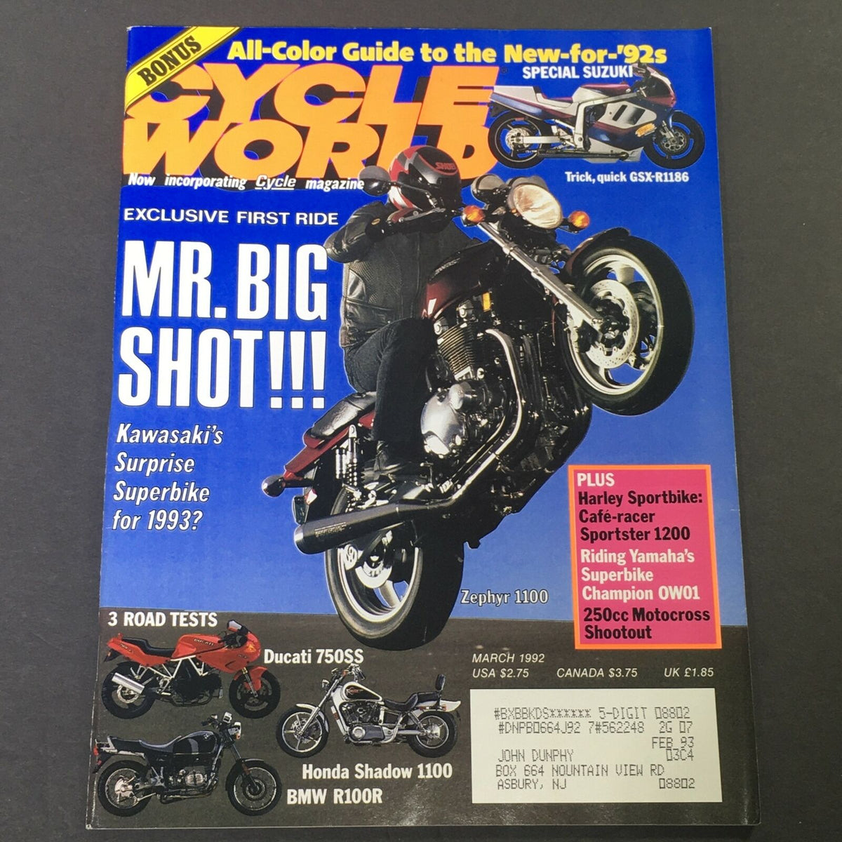 Cover of Cycle World Magazine March 1992 featuring Ducati 750SS, Honda Shadow 1100, and BMW R100R. Highlighting Kawasaki's new super bike with bold headlines and a striking motorcycle image. This collectible issue captures the spirit of 1990s motorcycle culture.