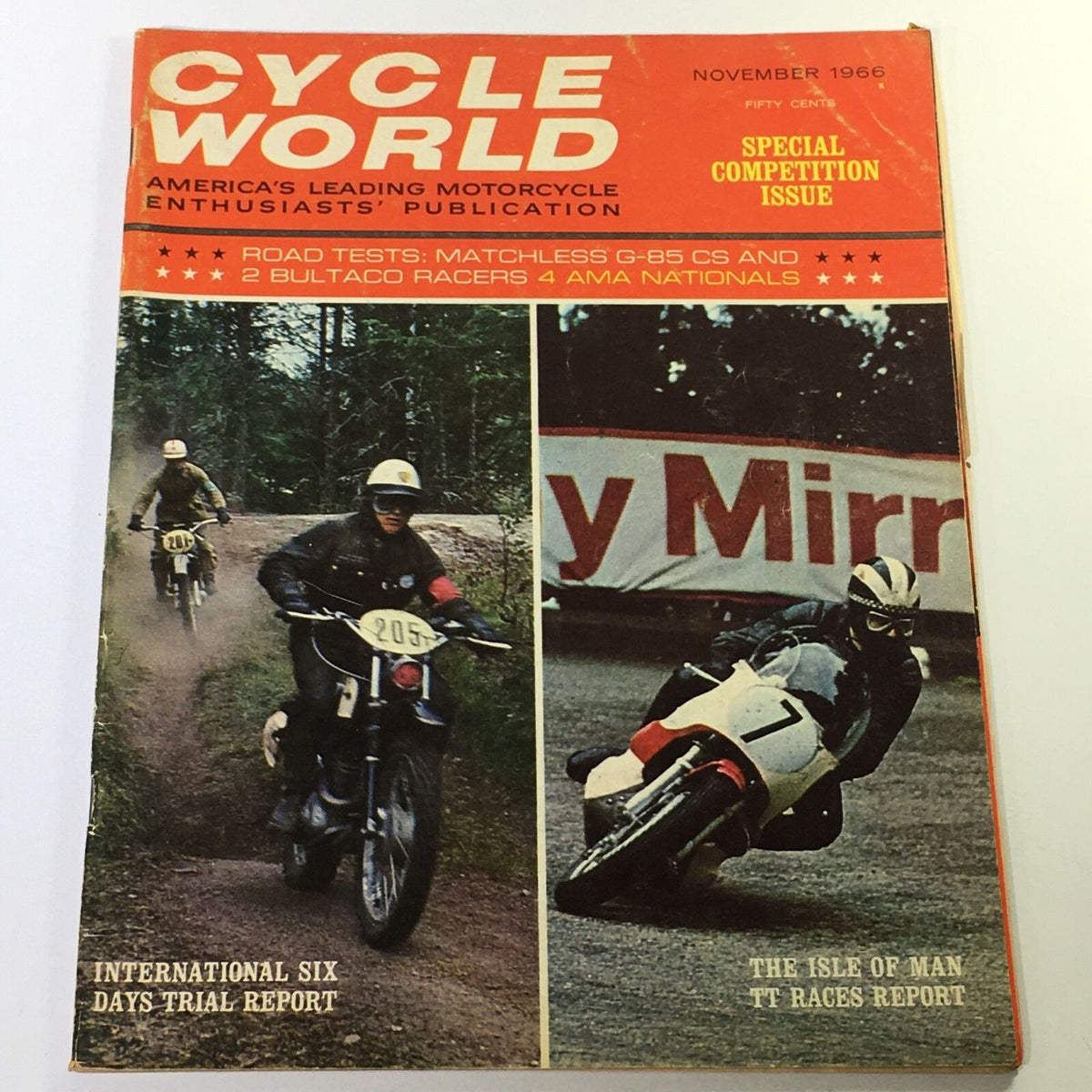 Cycle World Magazine cover from November 1966, featuring a special report on the Isle of Man TT Races, showcasing motorcycle racing with images of racers in action.