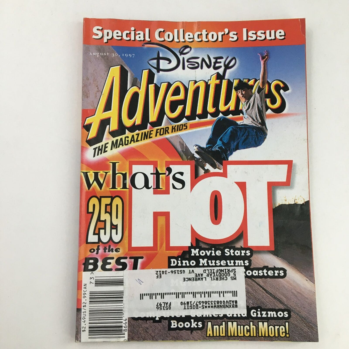 Cover of Disney Adventures Magazine from August 30, 1997, featuring articles on Dino Museums and roller coasters, labeled as a special collector's issue. The cover includes vibrant graphics and text highlighting exciting content for kids.