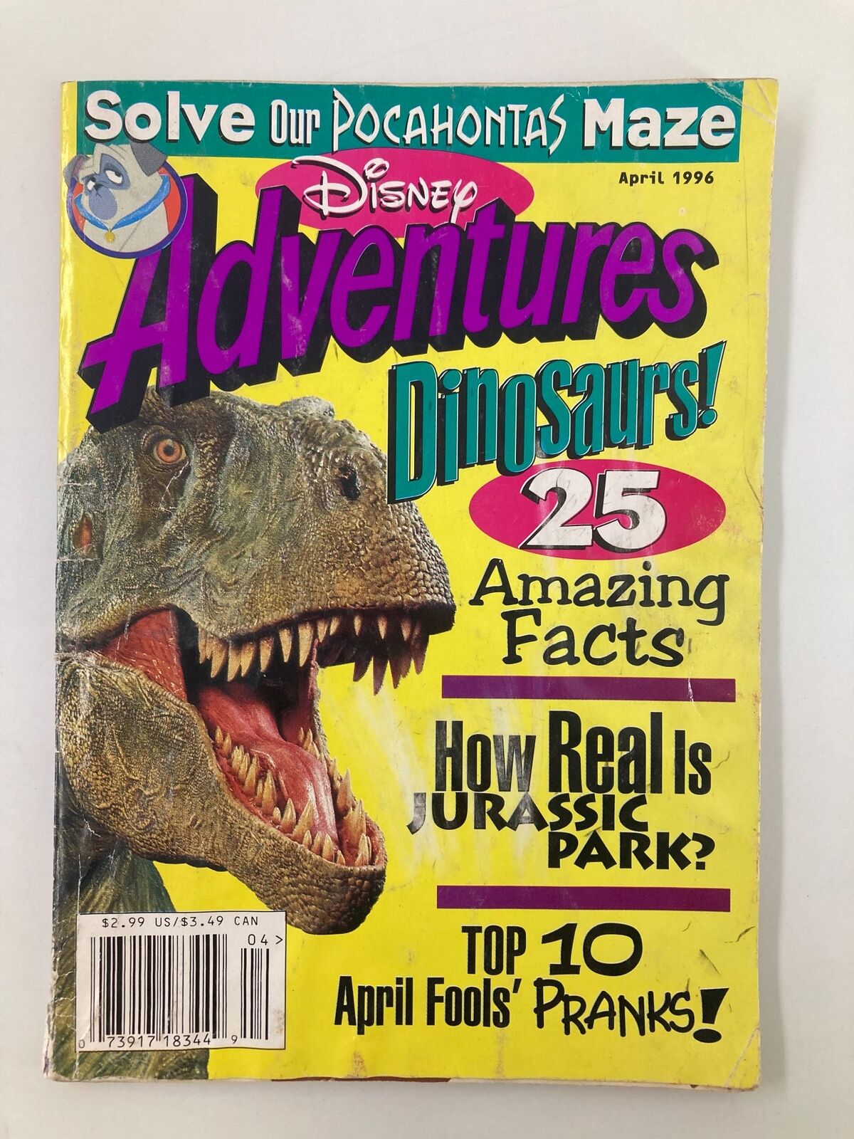 Disney Adventures Magazine April 1996 cover featuring a T-Rex, highlighting 'Dinosaurs: 25 Amazing Facts', and other themes like 'How Real is Jurassic Park?' and 'Top 10 April Fools' Pranks'.