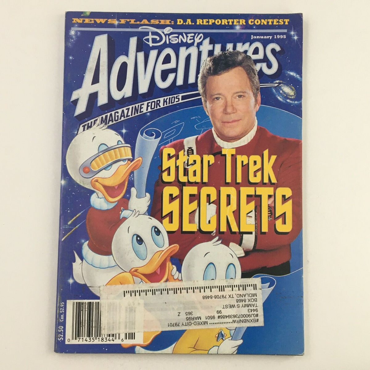 Disney Adventures Magazine January 1995 featuring 'Star Trek Secrets' on the cover, with characters like Donald Duck and an illustration of Captain Kirk, showcasing a blend of Disney and Star Trek themes.