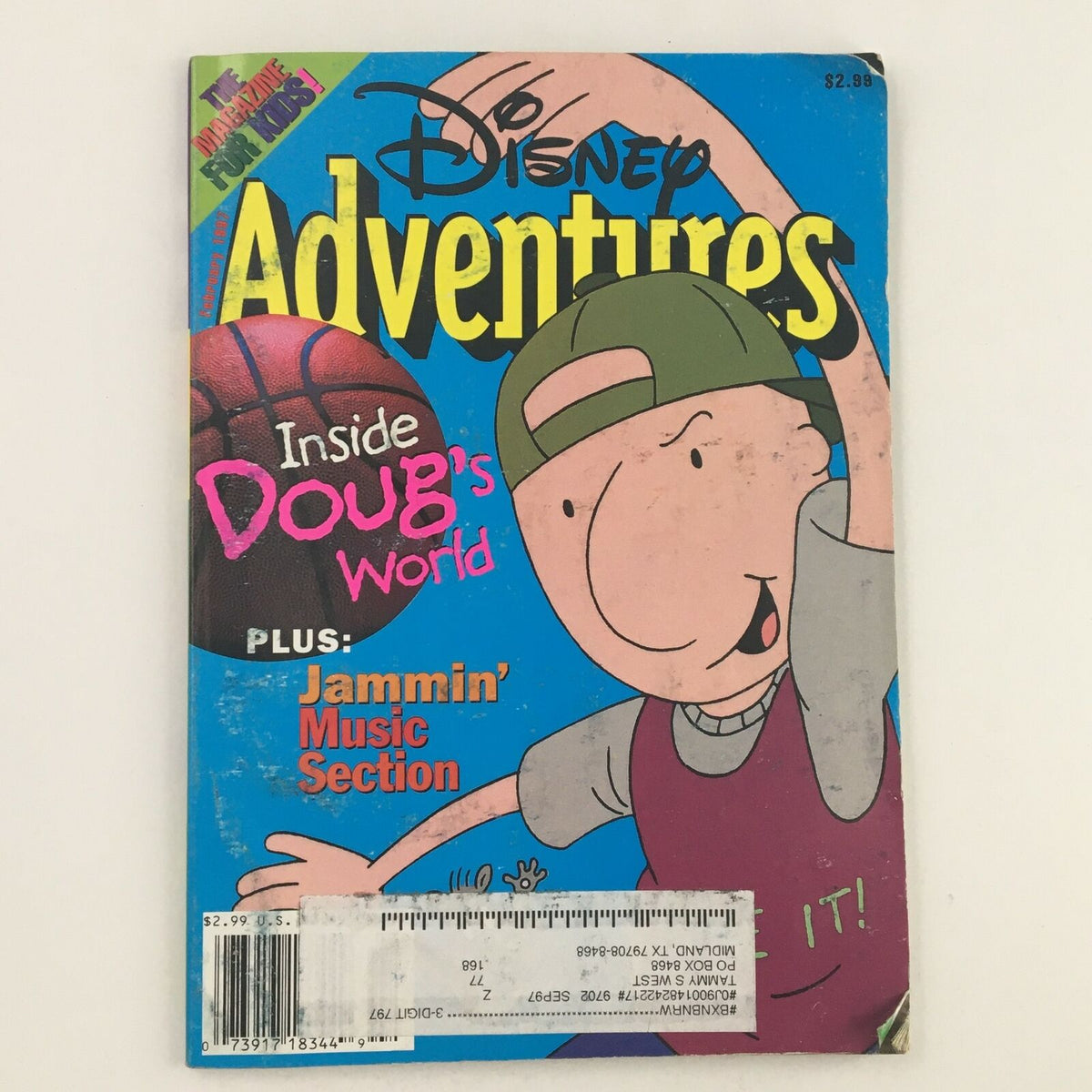 Cover of Disney Adventures Magazine February 1997 featuring Doug, highlighting Inside Doug's World and the Jammin' Music section, showcasing vintage design and vibrant colors.