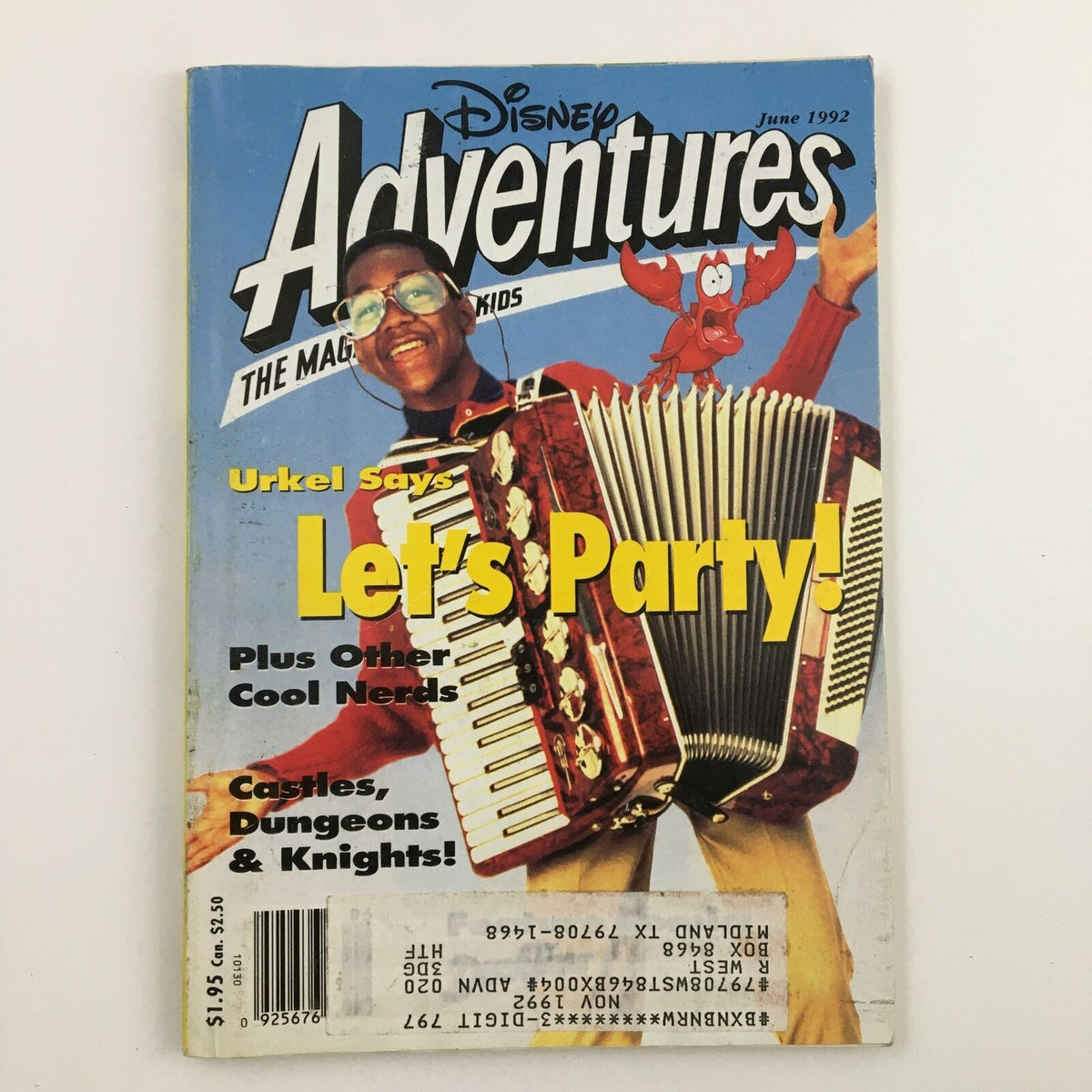 Disney Adventures Magazine June 1992 cover featuring Jaleel White as Urkel with an accordion and the text 'Let's Party!' against a colorful backdrop.