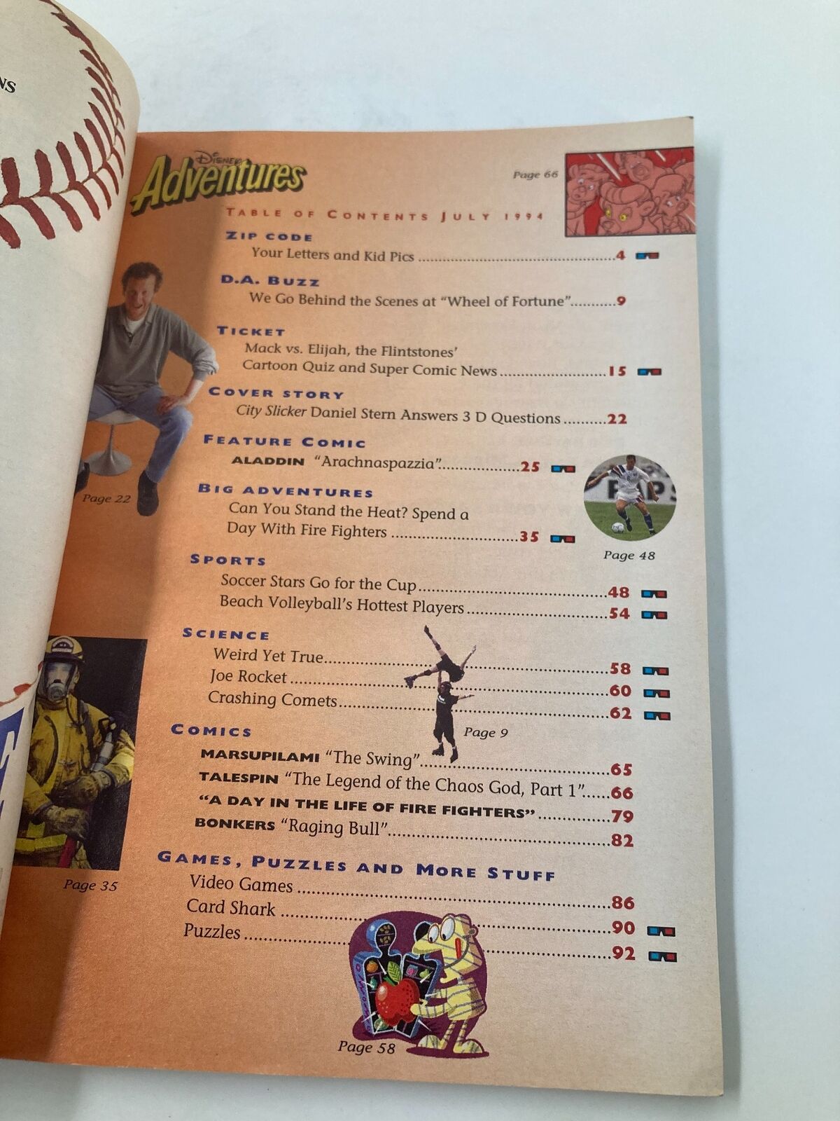 Table of contents page from Disney Adventures Magazine July 1994, detailing articles including a cover story with Daniel Stern and fun features for young readers.
