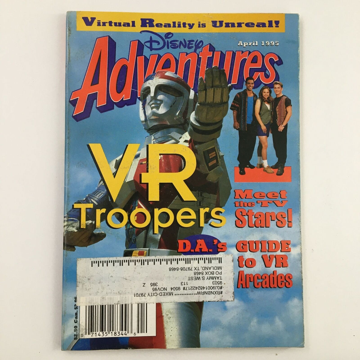 Disney Adventures Magazine April 1995 featuring Virtual Reality Troopers on the cover, highlighting the iconic characters and TV stars, showcasing vibrant graphics and nostalgic design from the 90s.