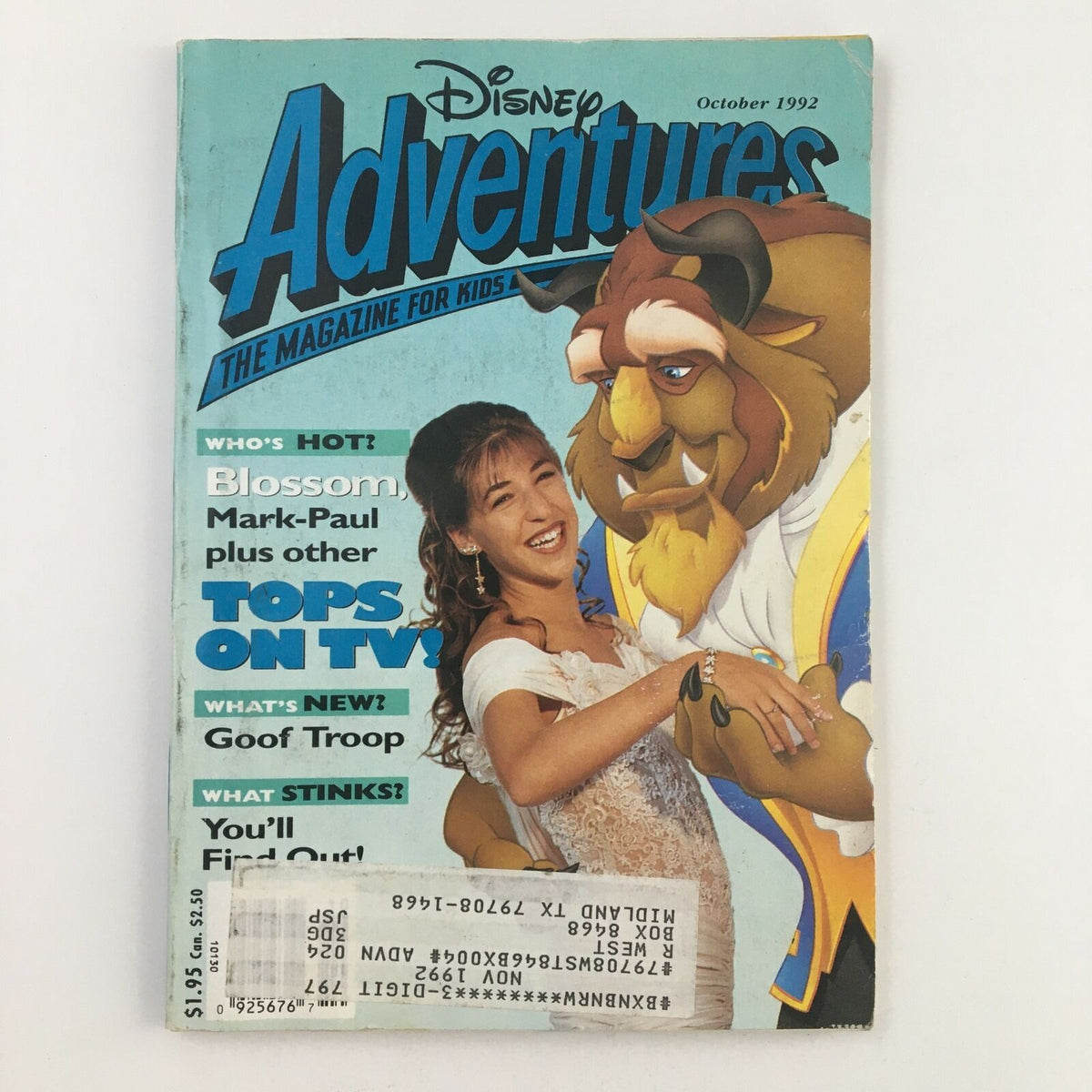 Disney Adventures Magazine October 1992 featuring Blossom and Mark Paul, showcasing popular TV stars from the early '90s on the cover, designed for kids.