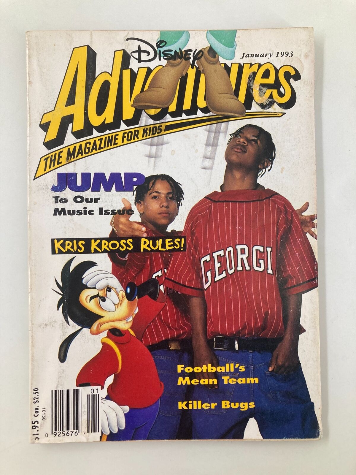 Cover of Disney Adventures Magazine January 1993 featuring Kris Kross, with vibrant illustrations of classic Disney characters and the phrase 'Kris Kross Rules!'.