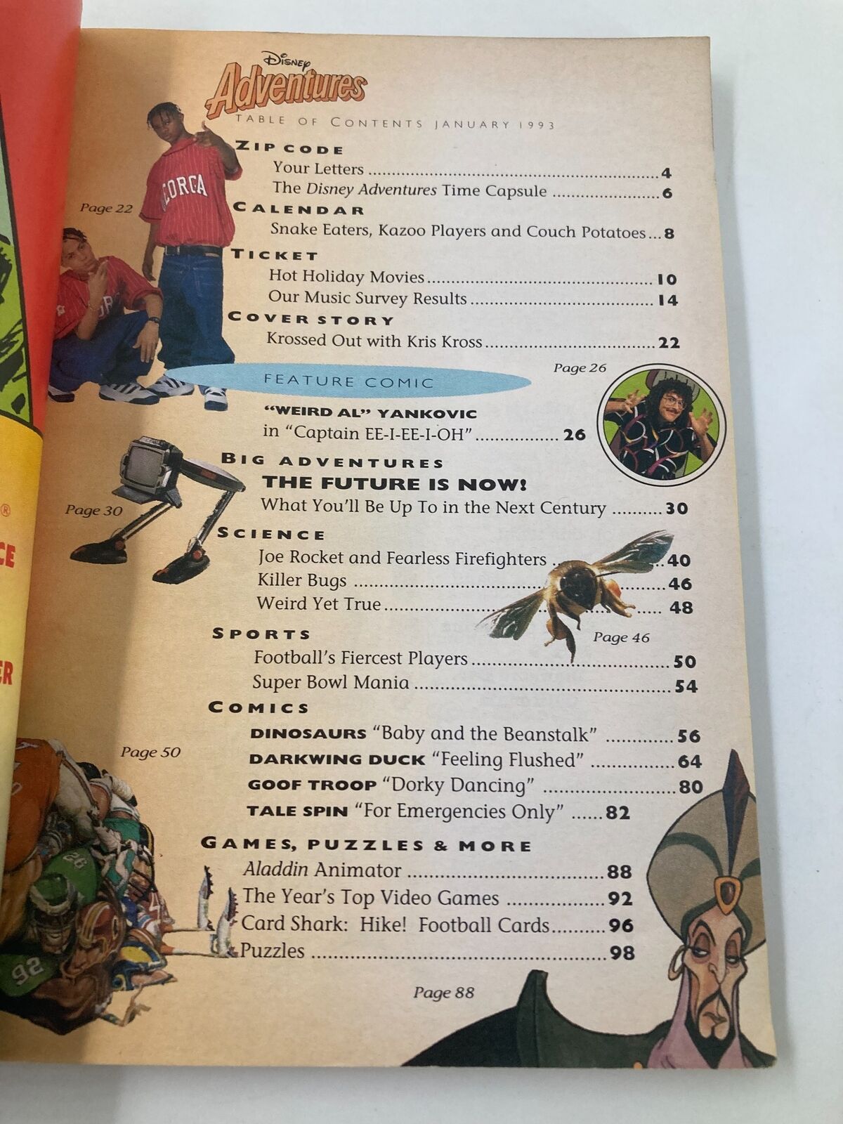 Table of contents from Disney Adventures Magazine January 1993, showcasing features like 'Krossed Out with Kris Kross' and other engaging articles for kids.