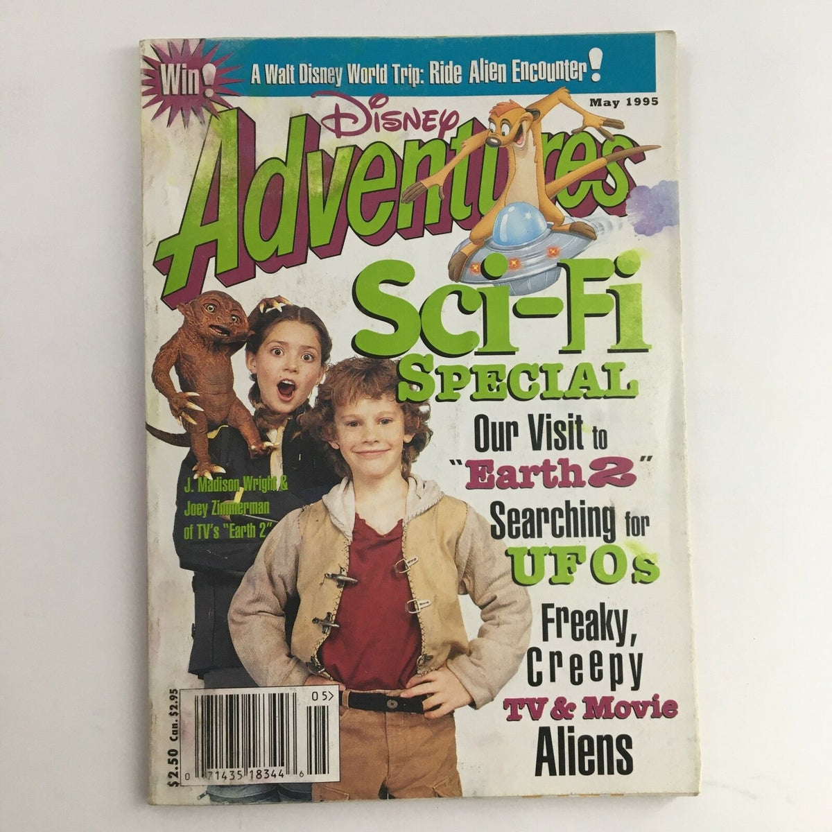 Disney Adventures Magazine May 1995 cover featuring J. Madison Wright and Joey Zimmerman with a Sci-Fi theme, depicting vibrant illustrations and engaging features.