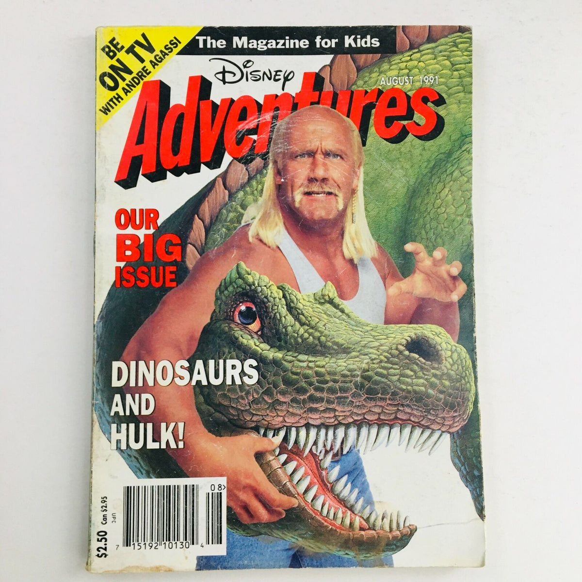 Disney Adventures Magazine August 1991 featuring Hulk Hogan and a dinosaur on the cover, highlighting the theme 'Dinosaurs and Hulk!' with vibrant artwork.