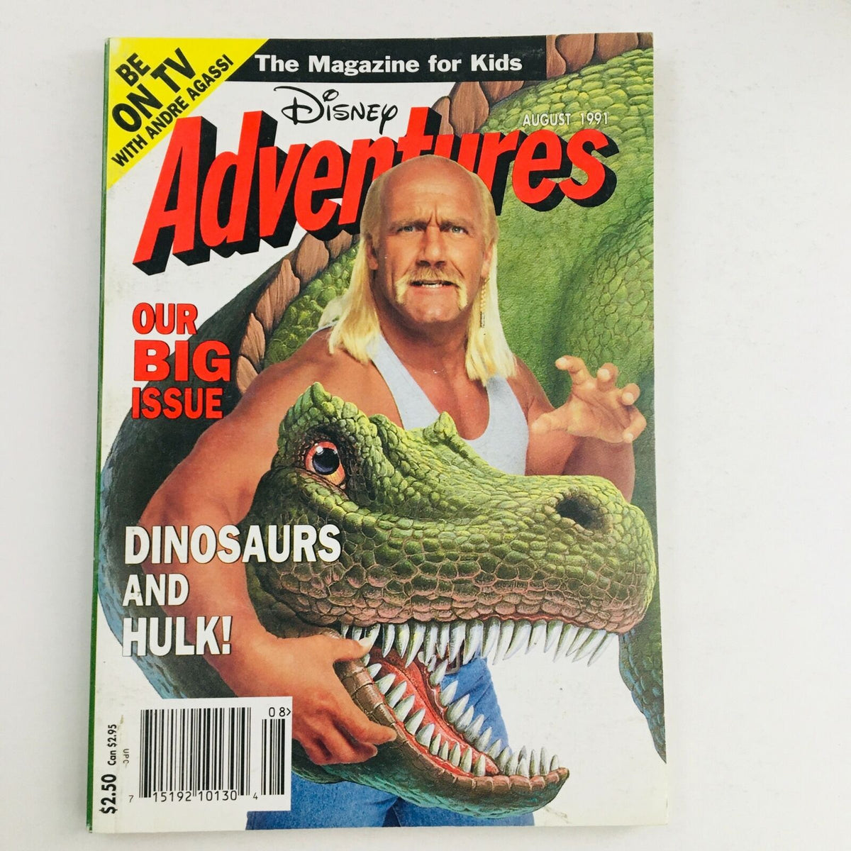 Cover of Disney Adventures Magazine August 1991 featuring Hulk Hogan alongside a dinosaur, highlighted as the big issue with the tagline 'Dinosaurs and Hulk!'. Vintage collectible magazine for fans of pop culture.