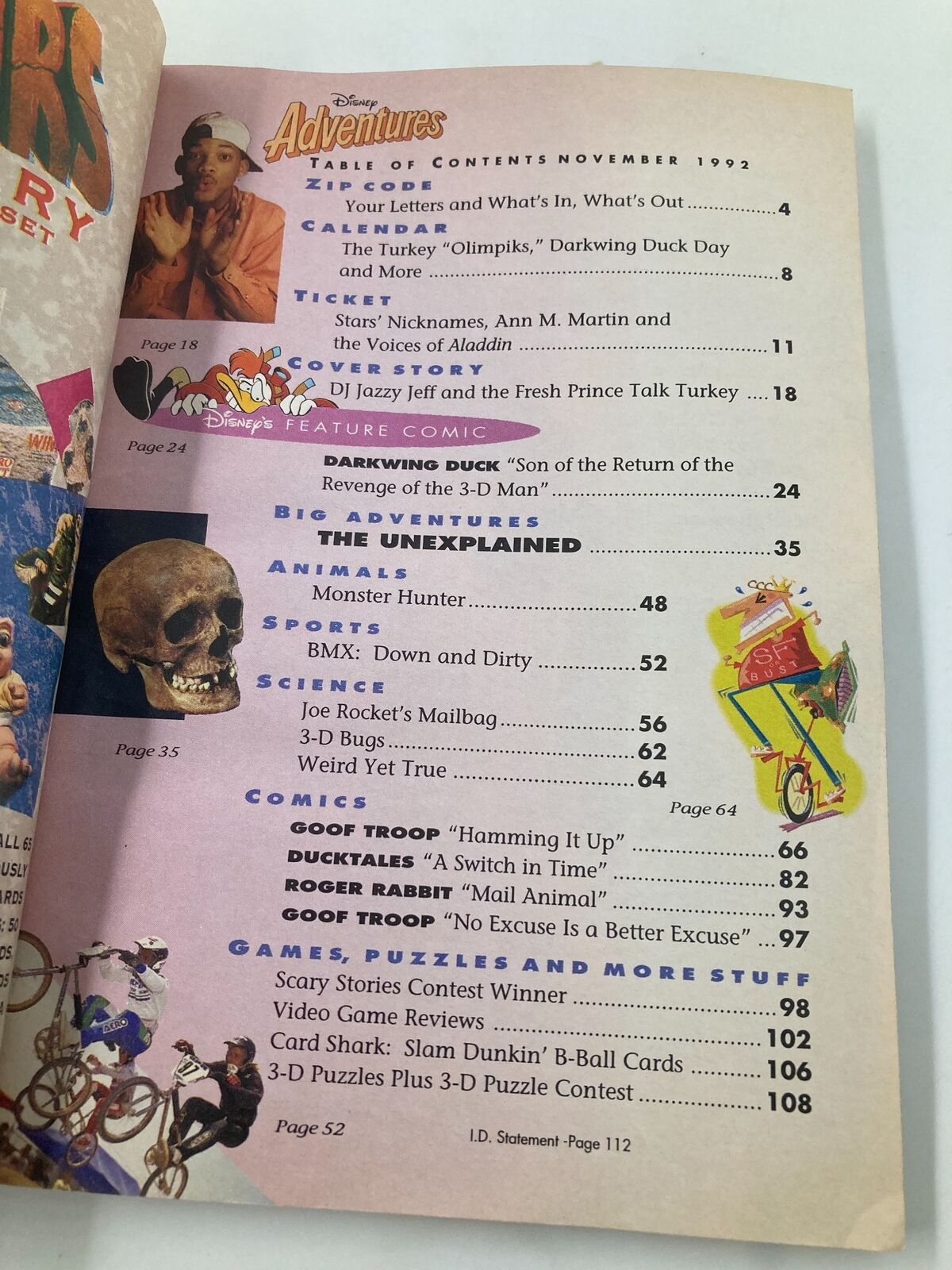 Table of contents page from Disney Adventures Magazine November 1992, highlighting articles including a cover story on DJ Jazzy Jeff and the Fresh Prince.