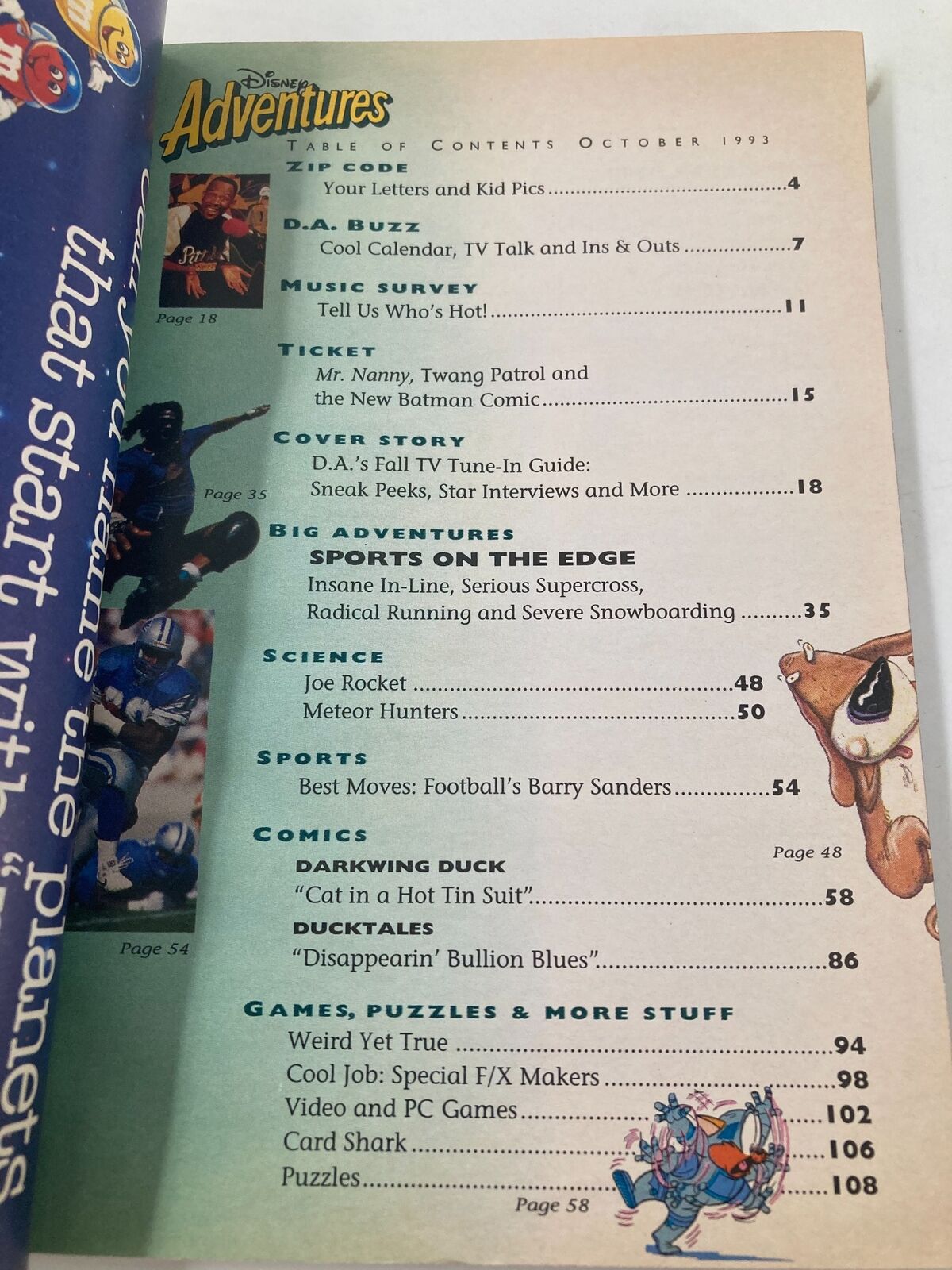 Table of contents page from Disney Adventures Magazine October 1993, showcasing topics including sports, science, comics, and more.