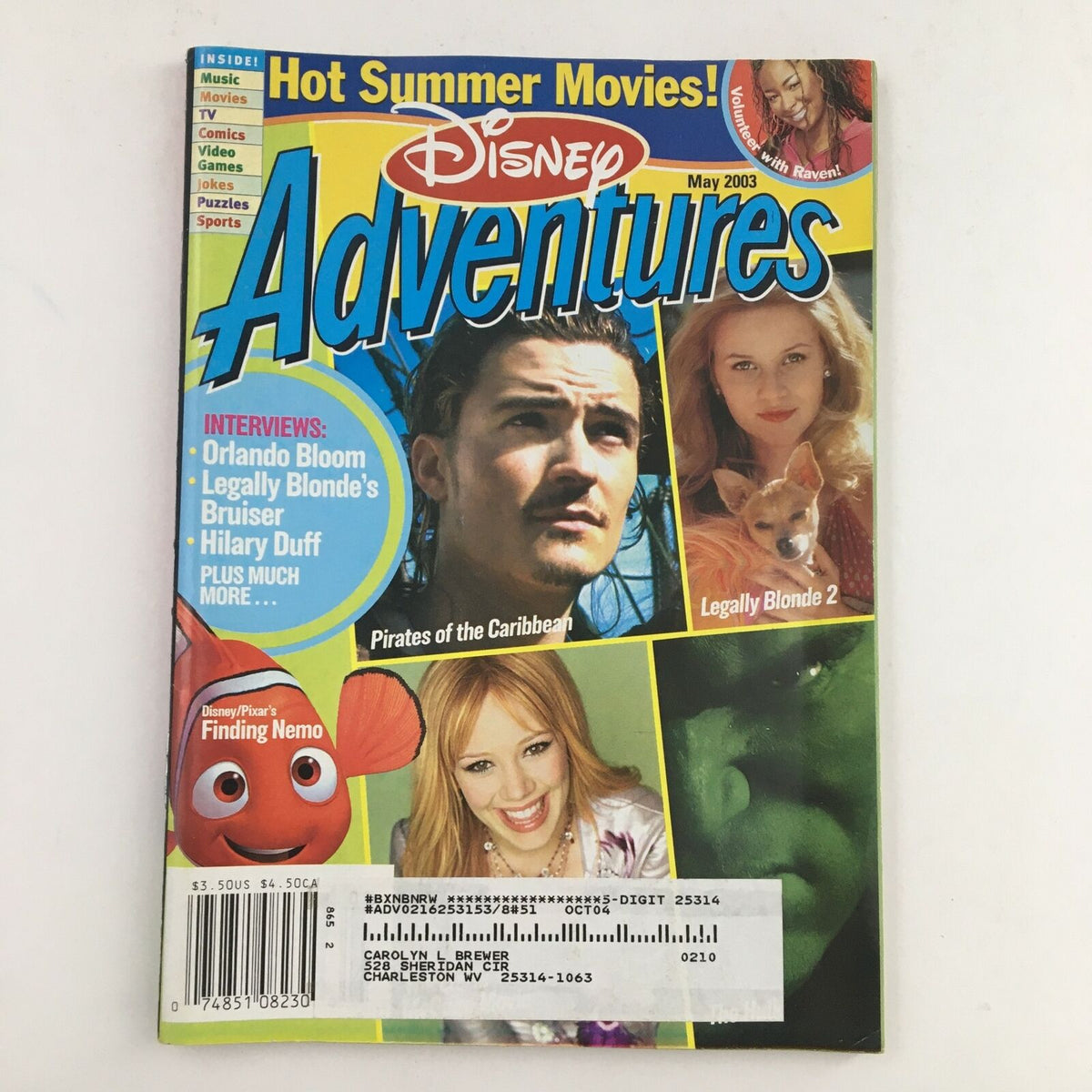 Disney Adventures Magazine May 2003 featuring Hillary Duff, Orlando Bloom, and Reese Witherspoon on the cover, highlighting popular culture and entertainment of the early 2000s.