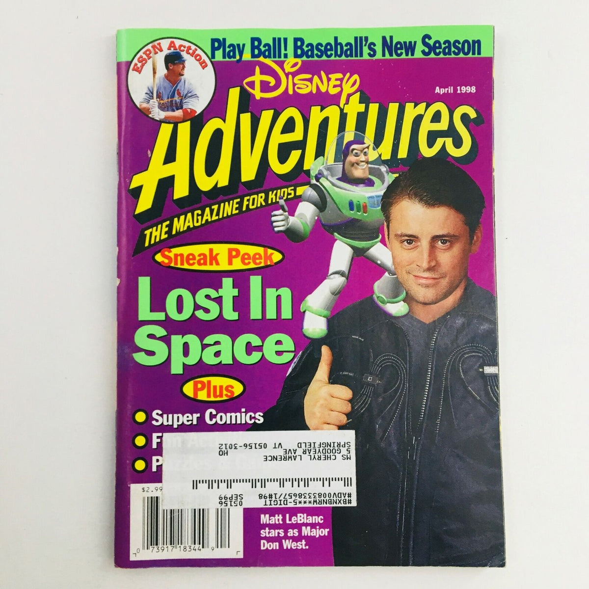 Cover of Disney Adventures Magazine from April 1998 featuring Buzz Lightyear and Matt LeBlanc, highlighting the movie Lost in Space. The magazine includes themes for kids and nostalgic elements from the 90s.
