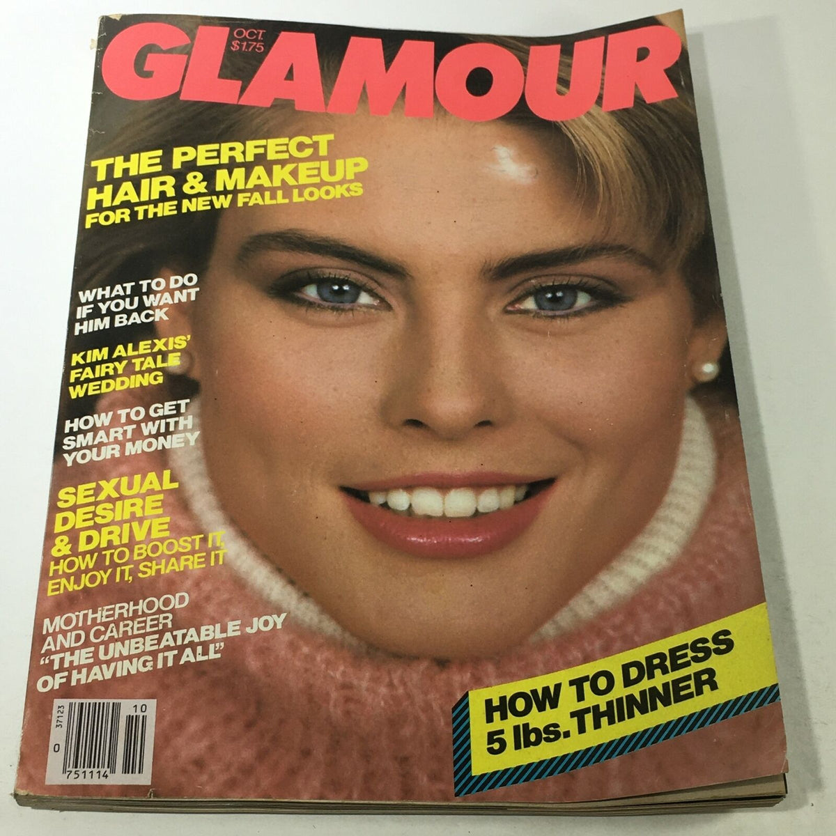 Cover of VTG Glamour Magazine from October 1983 featuring Kim Alexis, highlighting her fairy tale wedding. The cover includes bright color text about perfect hair and makeup, sexual desire, and tips for looking thinner.