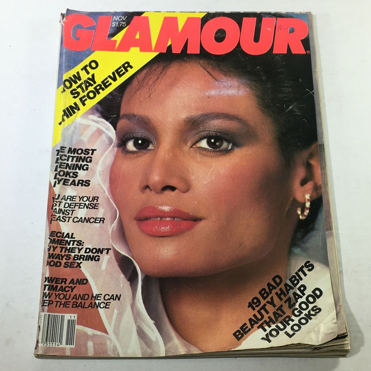 Vintage Glamour Magazine from November 1982 featuring Gail Kendrick on the cover, highlighting 1980s fashion and beauty trends. No cover or newsstand label.