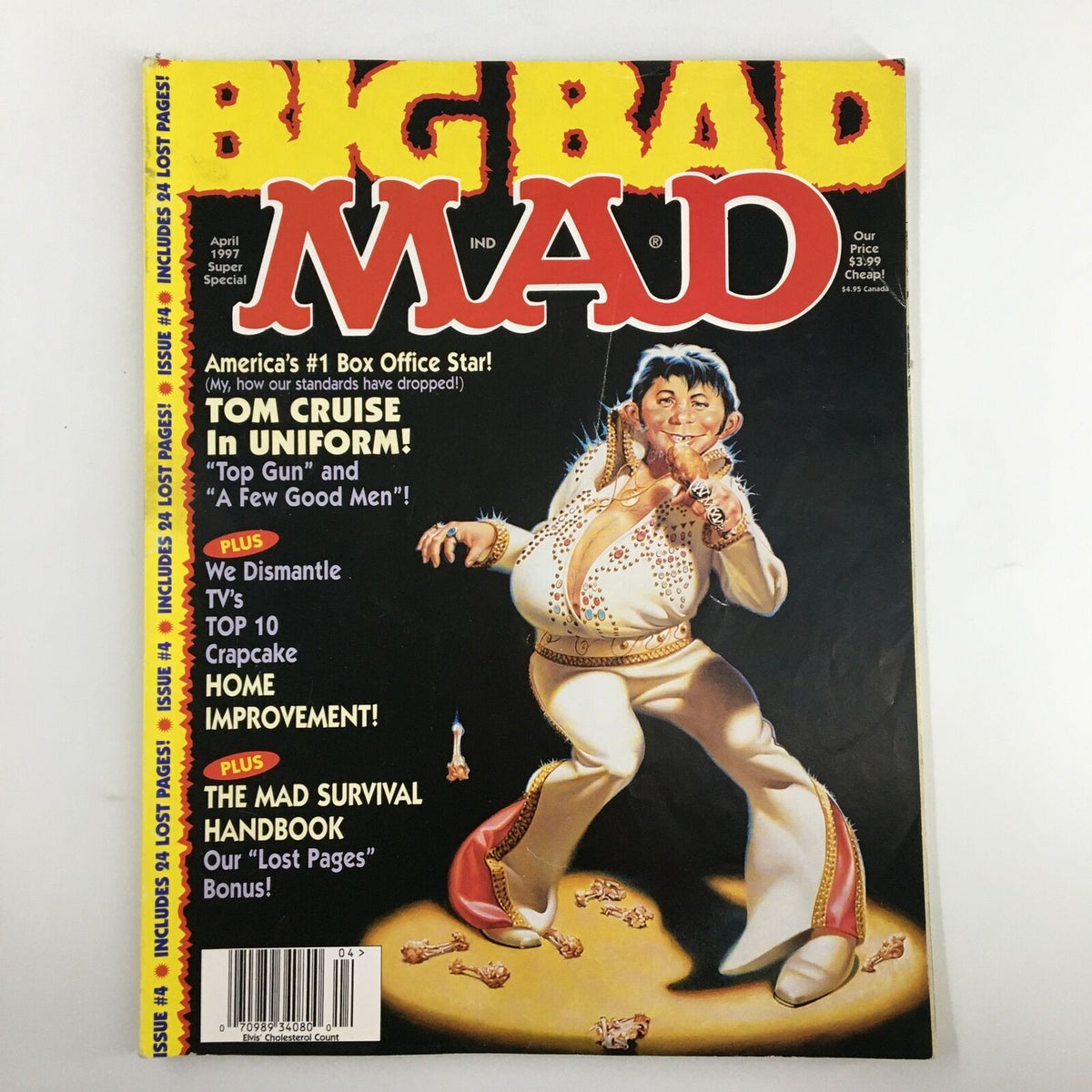 Mad Magazine April 1997 issue cover featuring a humorous illustration of Tom Cruise in uniform and Elvis Presley, highlighting pop culture humor from the 1990s.