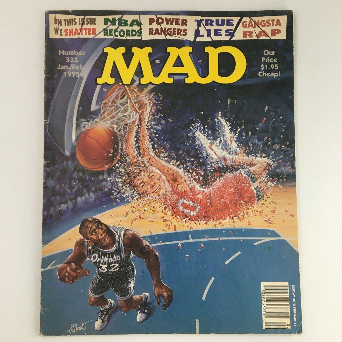 Cover of Mad Magazine January February 1995, Issue #333 featuring a parody of NBA superstar Shaquille O'Neal. The artwork depicts a basketball player dunking, with vibrant colors and comedic illustrations that capture the essence of 90s pop culture.